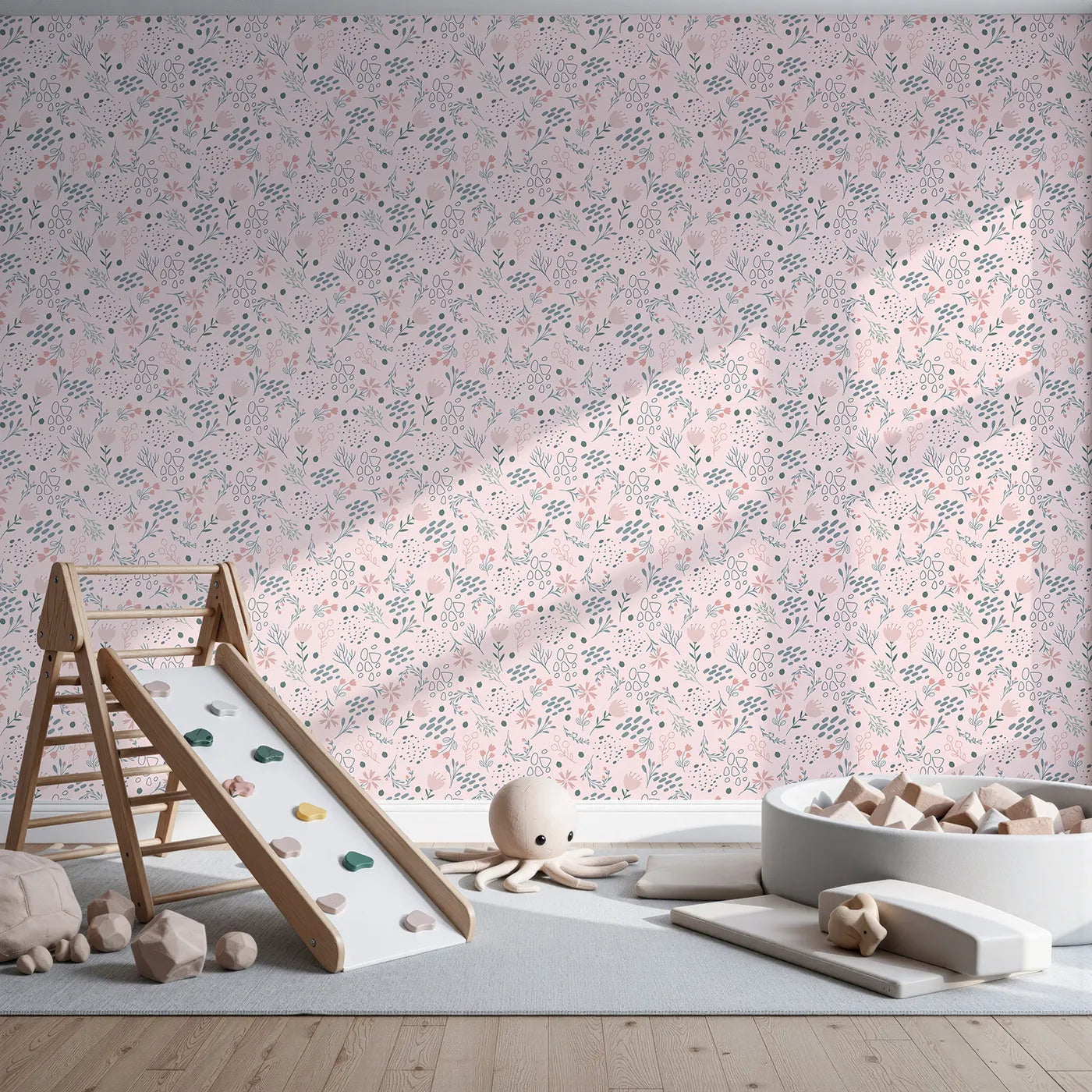Front view of Whimsy Tots' Wildflower Scribble Garden Wallpaper in Blush Sketch Pink