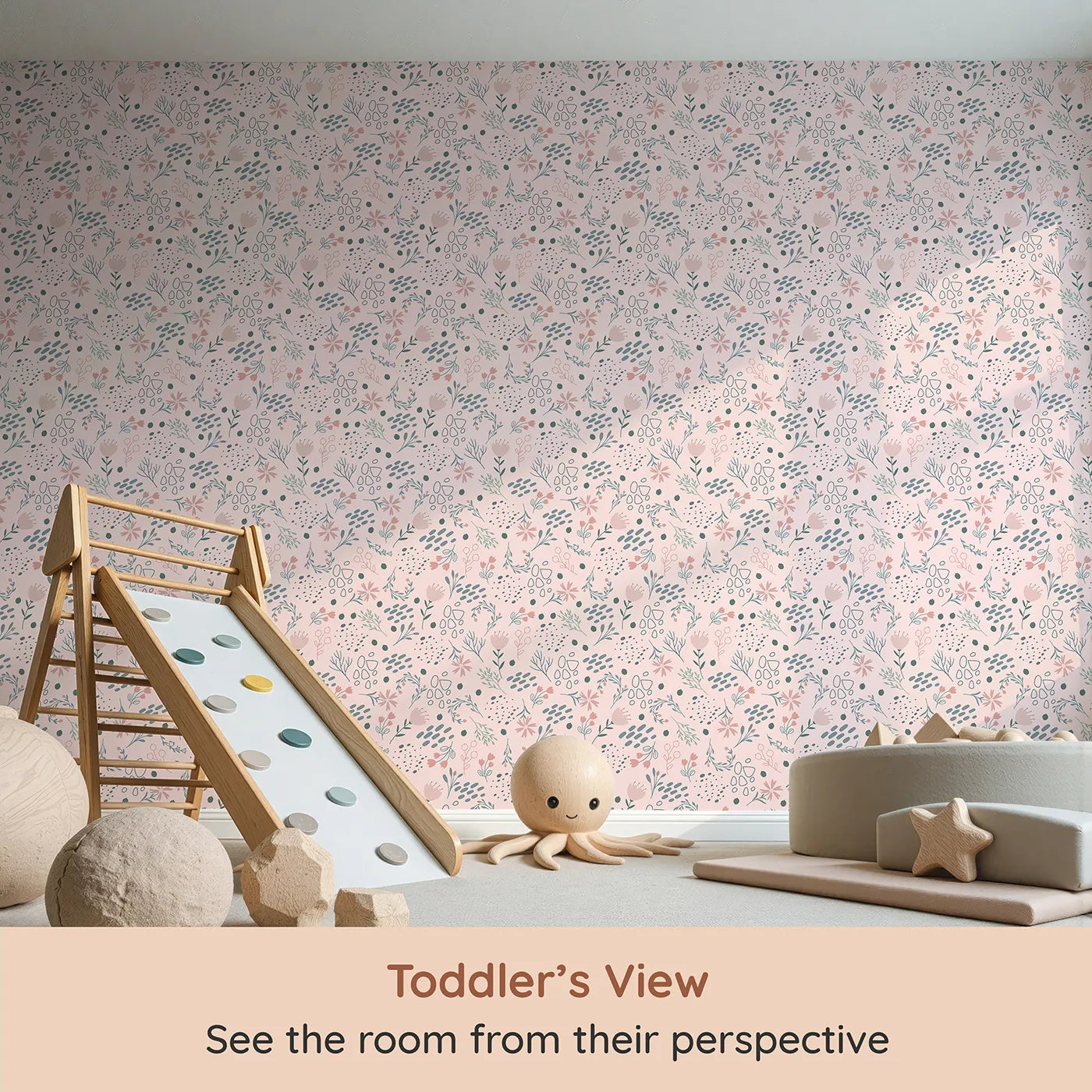 Whimsy Tots Wildflower Scribble Garden Wallpaper in Blush Sketch Pink (W3137B) from your child's view.Doodles and petals swirl across a dreamy blush meadow.