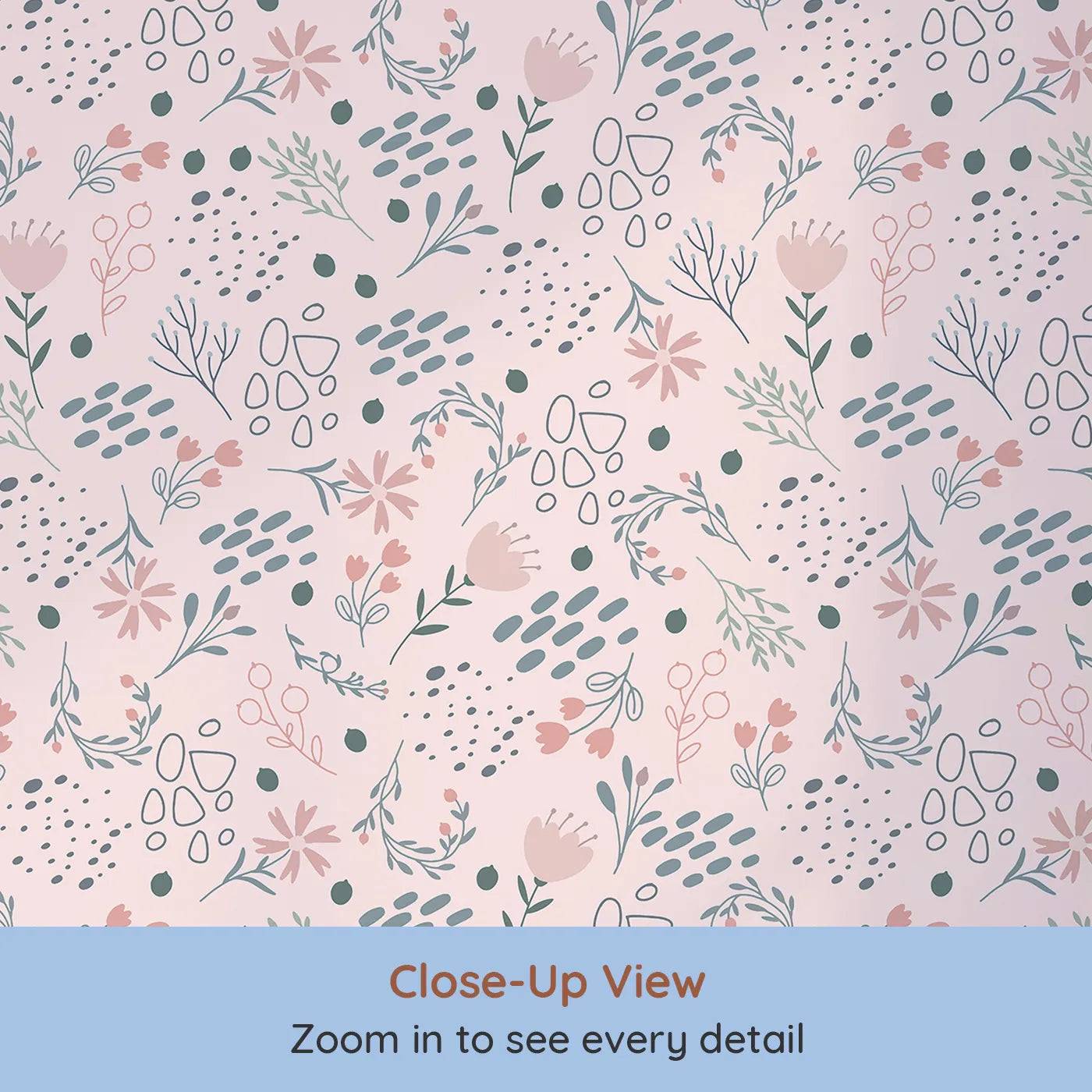 Close-up view of Whimsy Tots' Wildflower Scribble Garden Wallpaper in Blush Sketch Pink (W3137B).Doodles and petals swirl across a dreamy blush meadow.