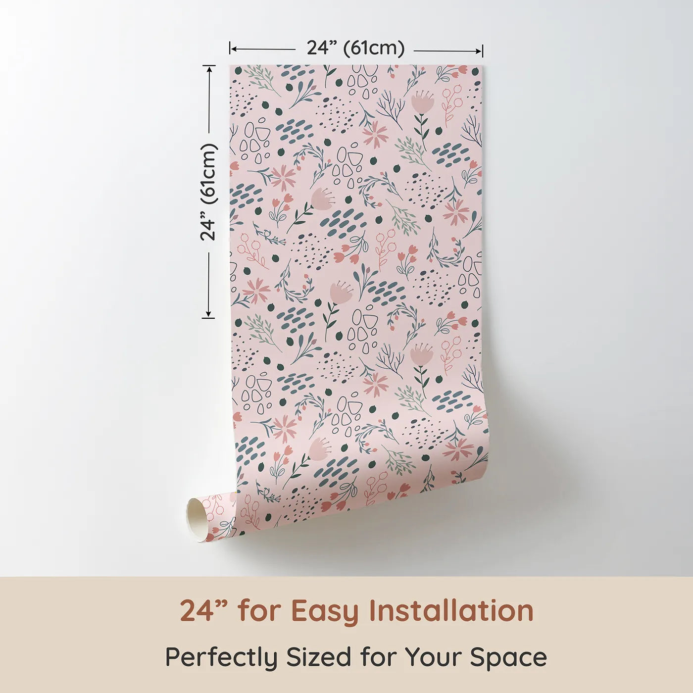 Dimension view of Whimsy Tots Wildflower Scribble Garden Wallpaper in Blush Sketch Pink (W3137B). Printed in 24-inch-wide panel for easy installation. Doodles and petals swirl across a dreamy blush meadow.