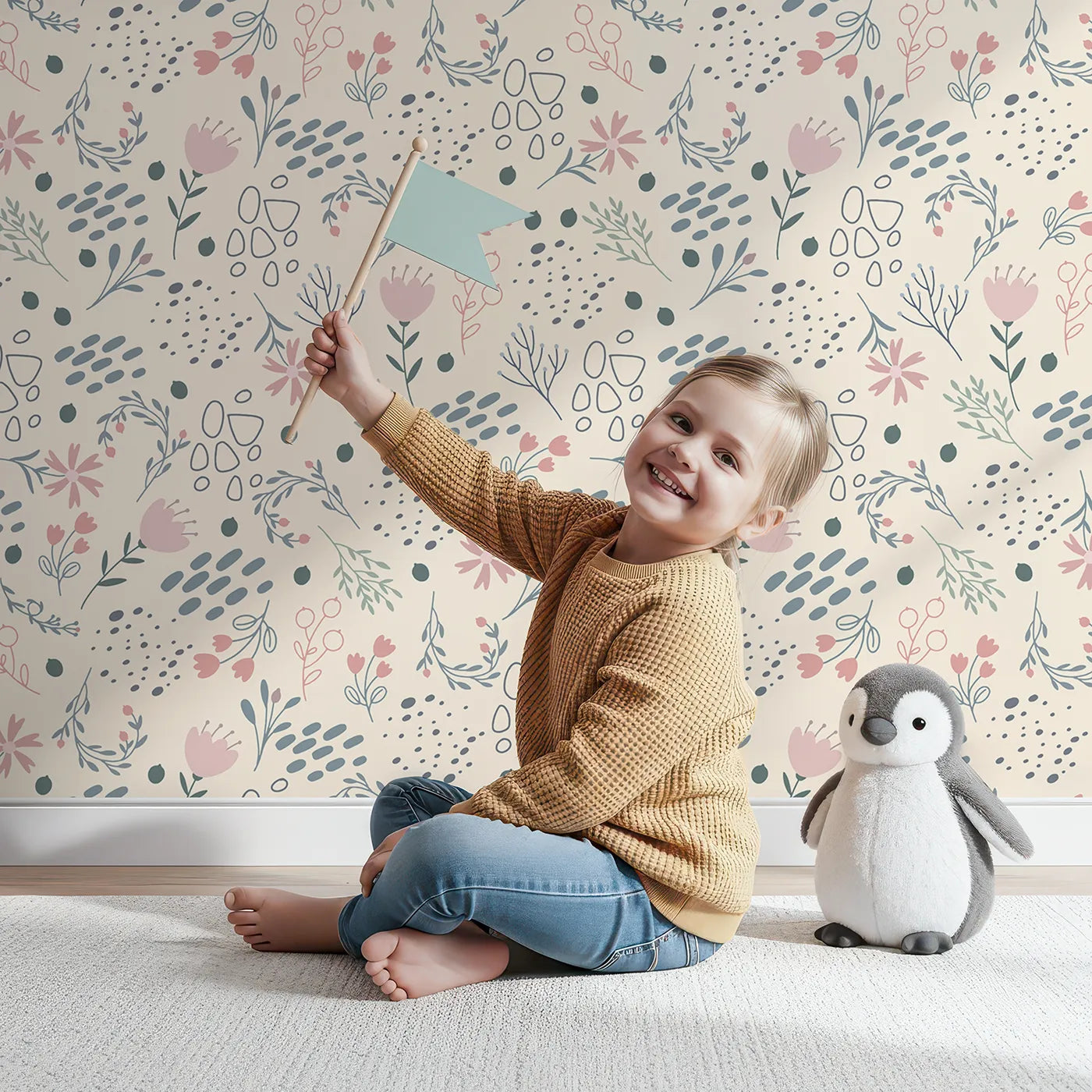 Lovely child standing in front of Whimsy Tots Wildflower Scribble Garden Wallpaper in Cream Sketch with flower, leaf, berry, sketch, doodle in design.