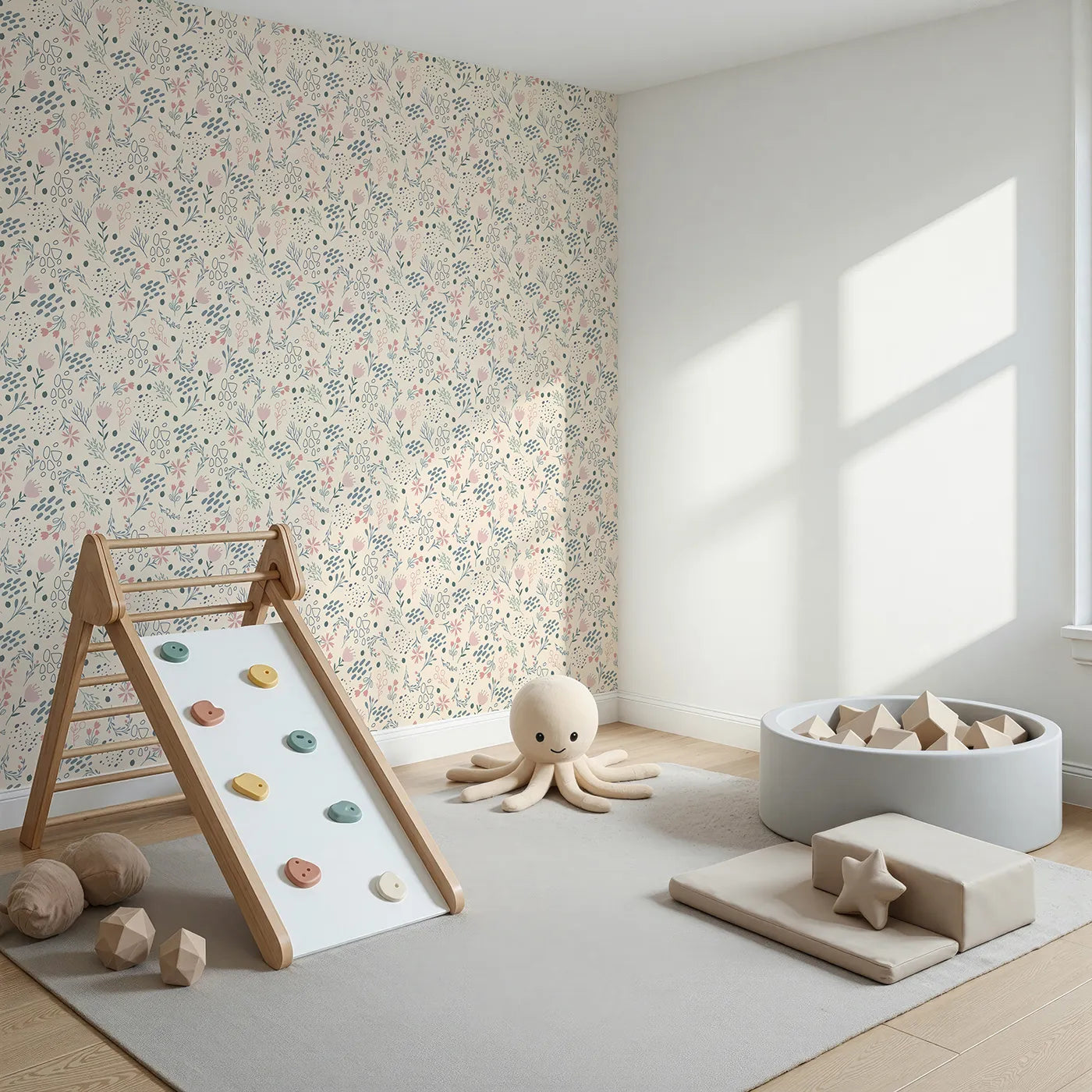 Angled view of Whimsy Tots' Wildflower Scribble Garden Wallpaper in Cream Sketch (W3137C).Delicate doodles and garden florals bloom softly across a creamy daydream.