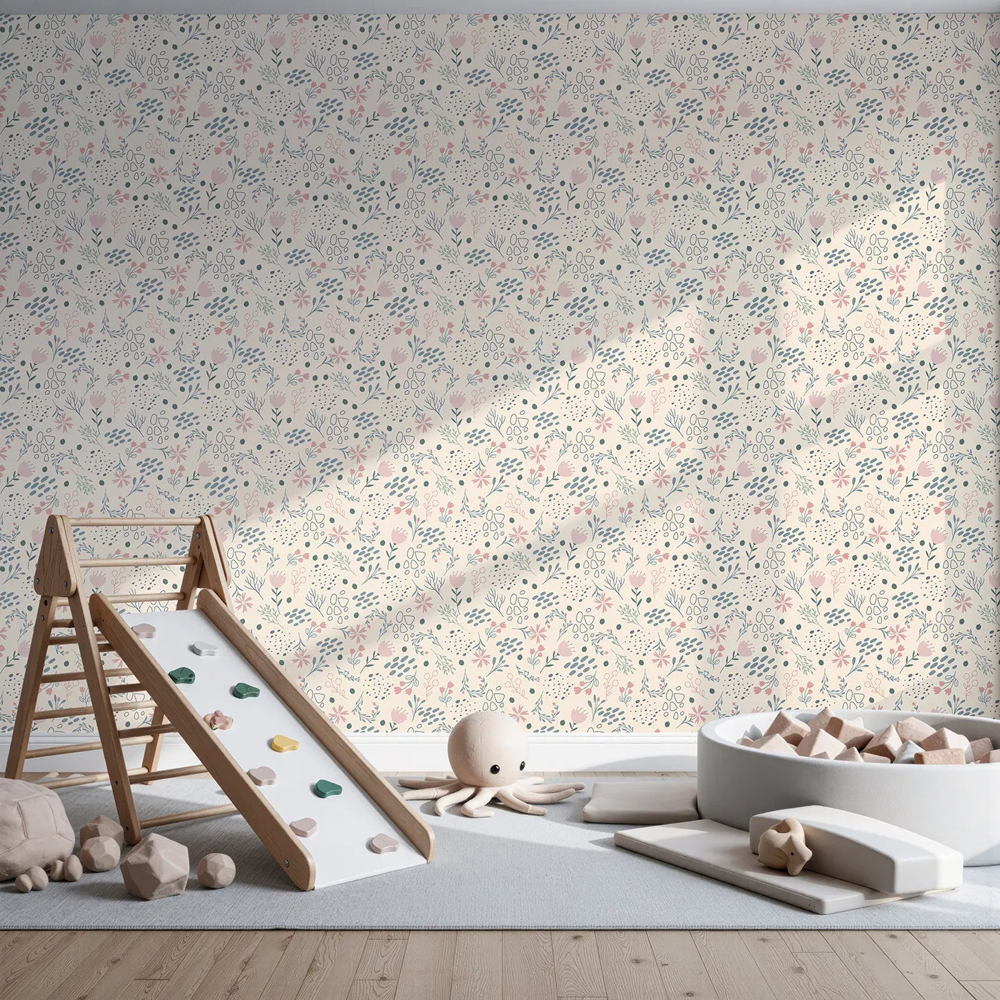 Front view of Whimsy Tots' Wildflower Scribble Garden Wallpaper in Cream Sketch