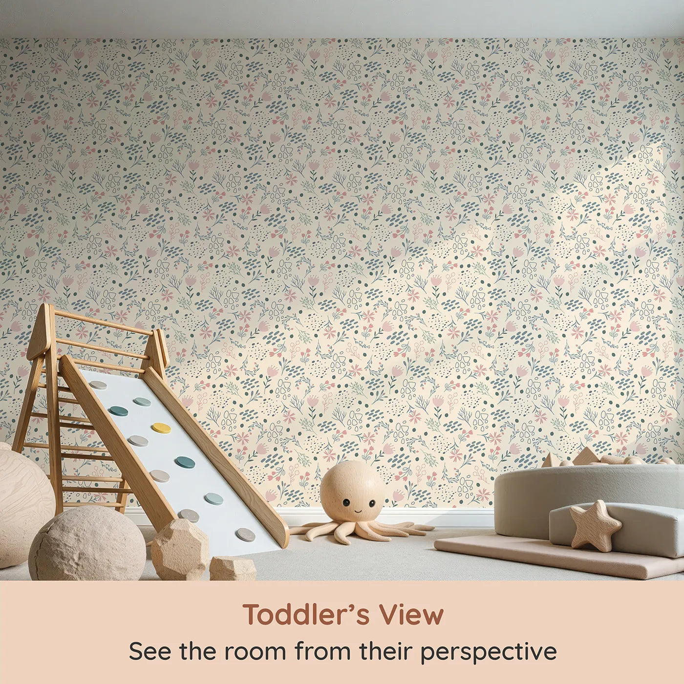 Whimsy Tots Wildflower Scribble Garden Wallpaper in Cream Sketch (W3137C) from your child's view.Delicate doodles and garden florals bloom softly across a creamy daydream.
