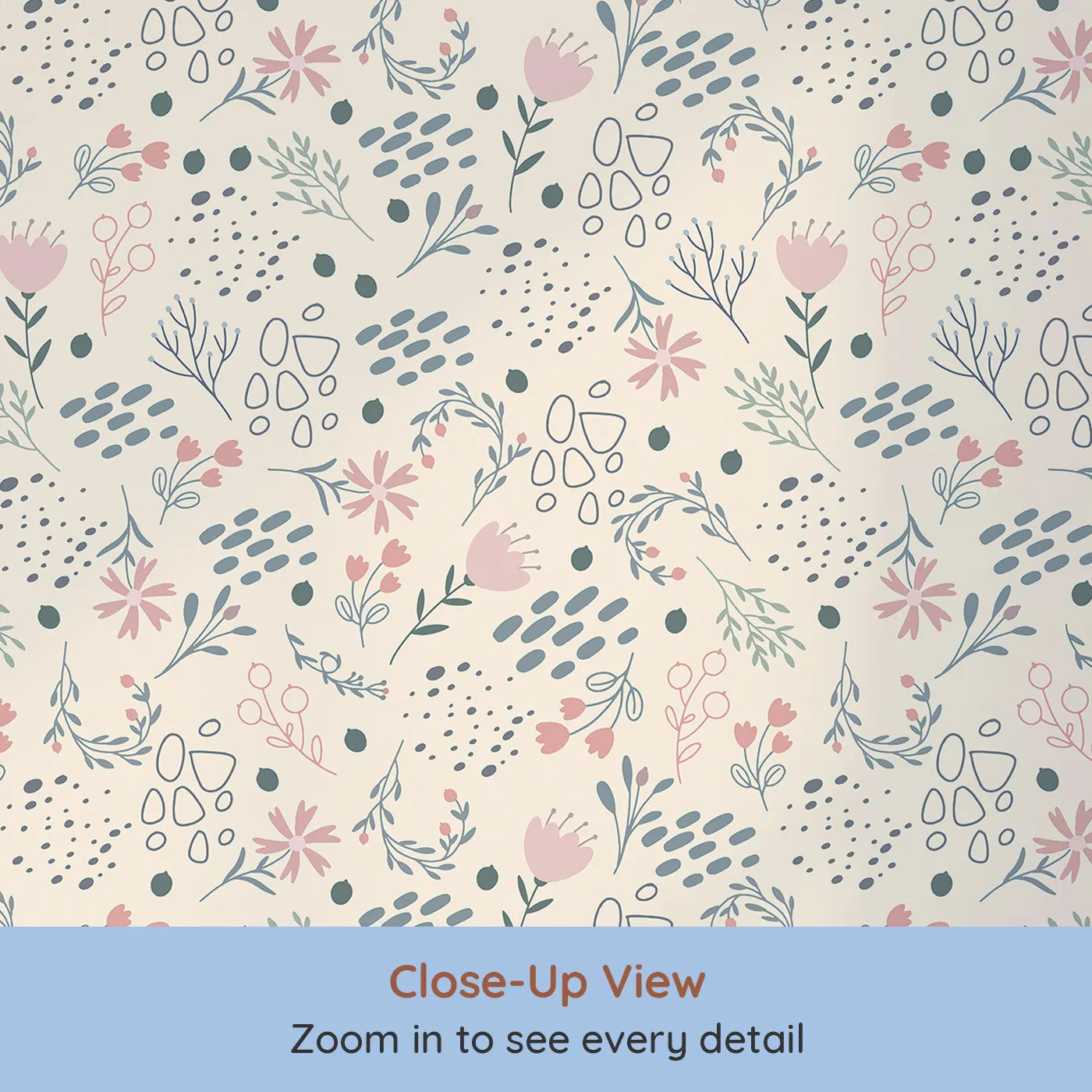 Close-up view of Whimsy Tots' Wildflower Scribble Garden Wallpaper in Cream Sketch (W3137C).Delicate doodles and garden florals bloom softly across a creamy daydream.