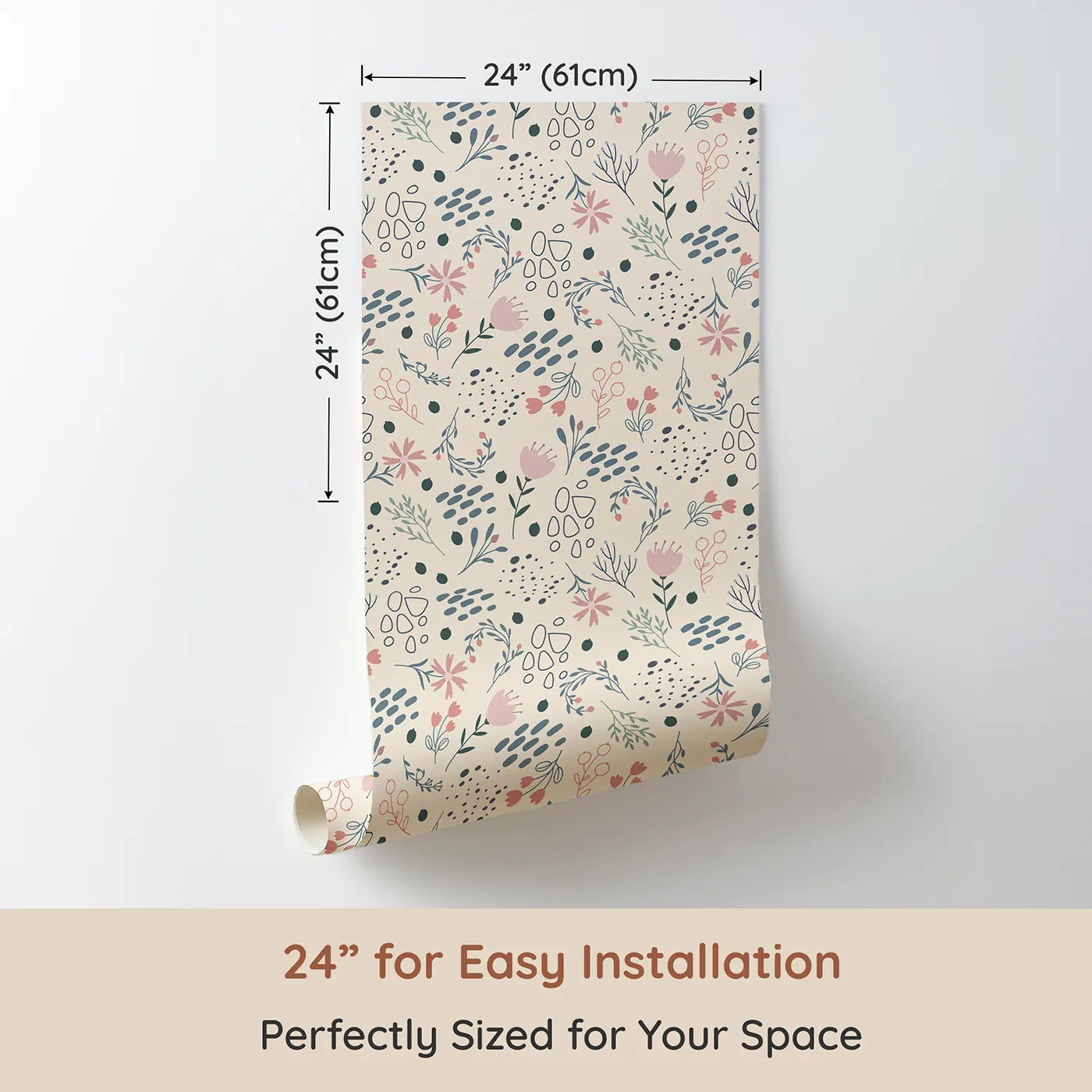 Dimension view of Whimsy Tots Wildflower Scribble Garden Wallpaper in Cream Sketch (W3137C). Printed in 24-inch-wide panel for easy installation. Delicate doodles and garden florals bloom softly across a creamy daydream.