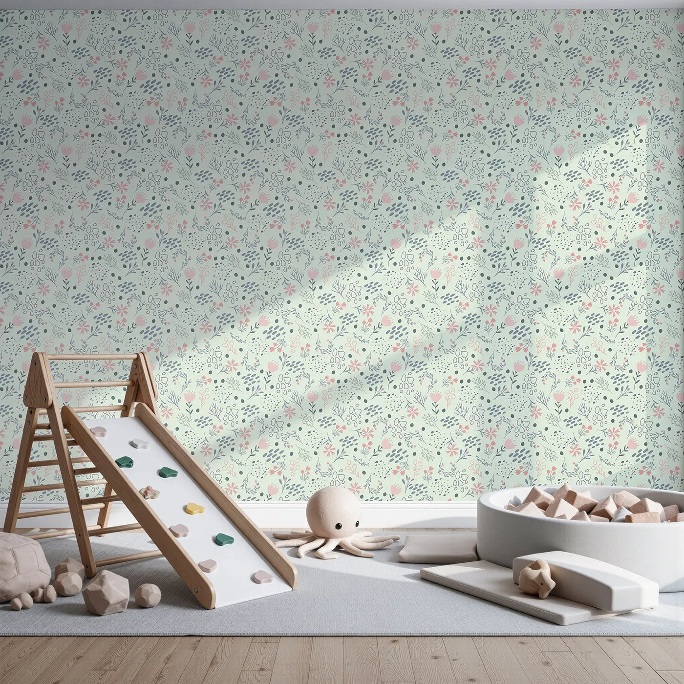 Front view of Whimsy Tots' Wildflower Scribble Garden Wallpaper in Mint Sketch Green
