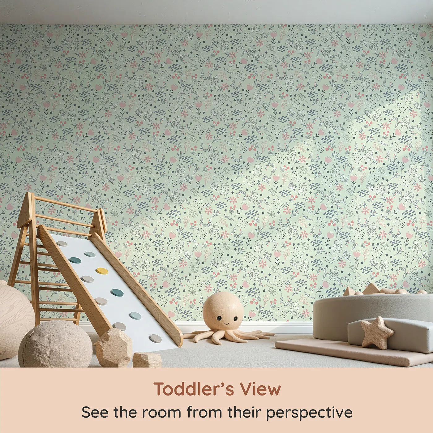 Whimsy Tots Wildflower Scribble Garden Wallpaper in Mint Sketch Green (W3137D) from your child's view.Sketchy florals and leafy doodles dance across a refreshing mint canvas.