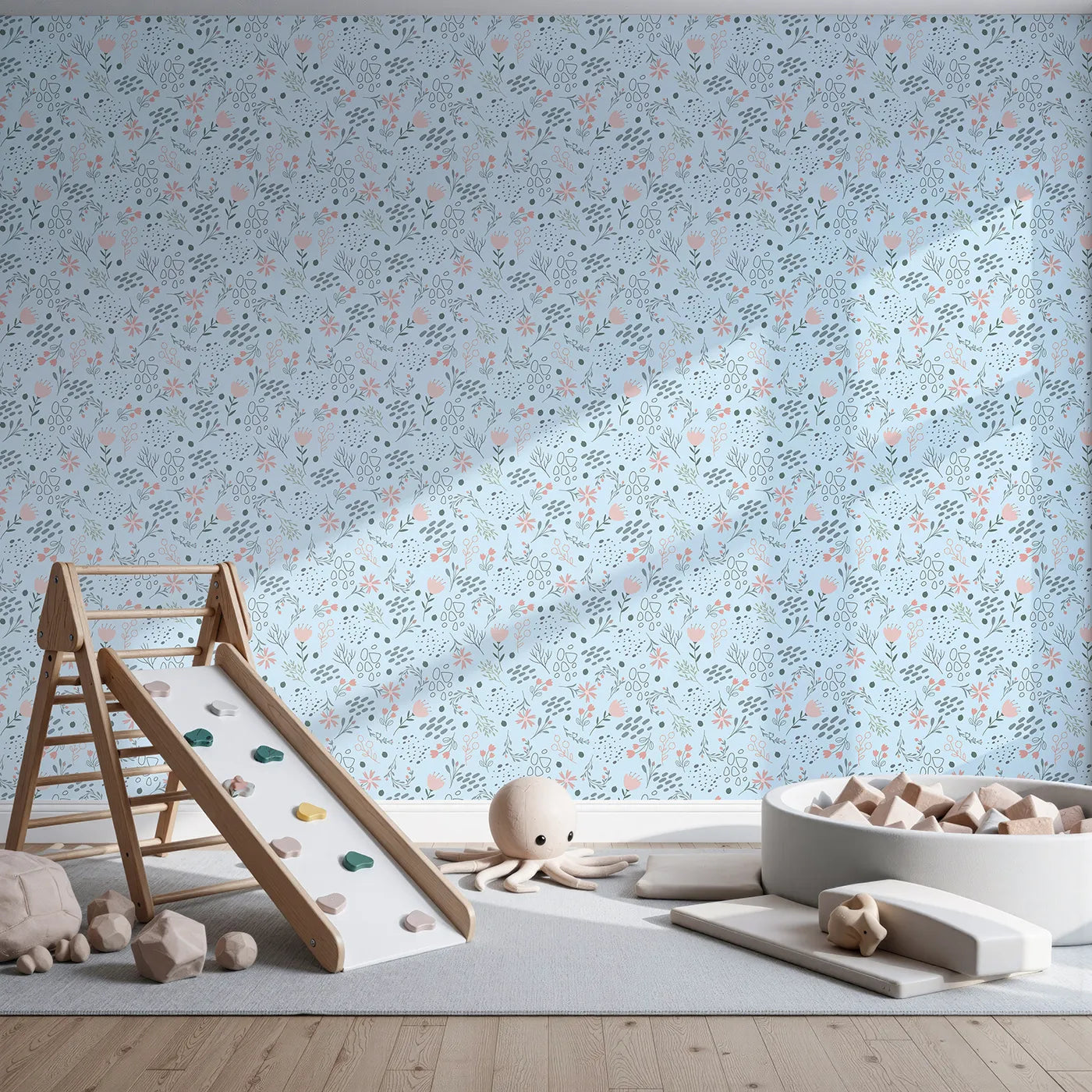 Front view of Whimsy Tots' Wildflower Scribble Garden Wallpaper in Sky Sketch