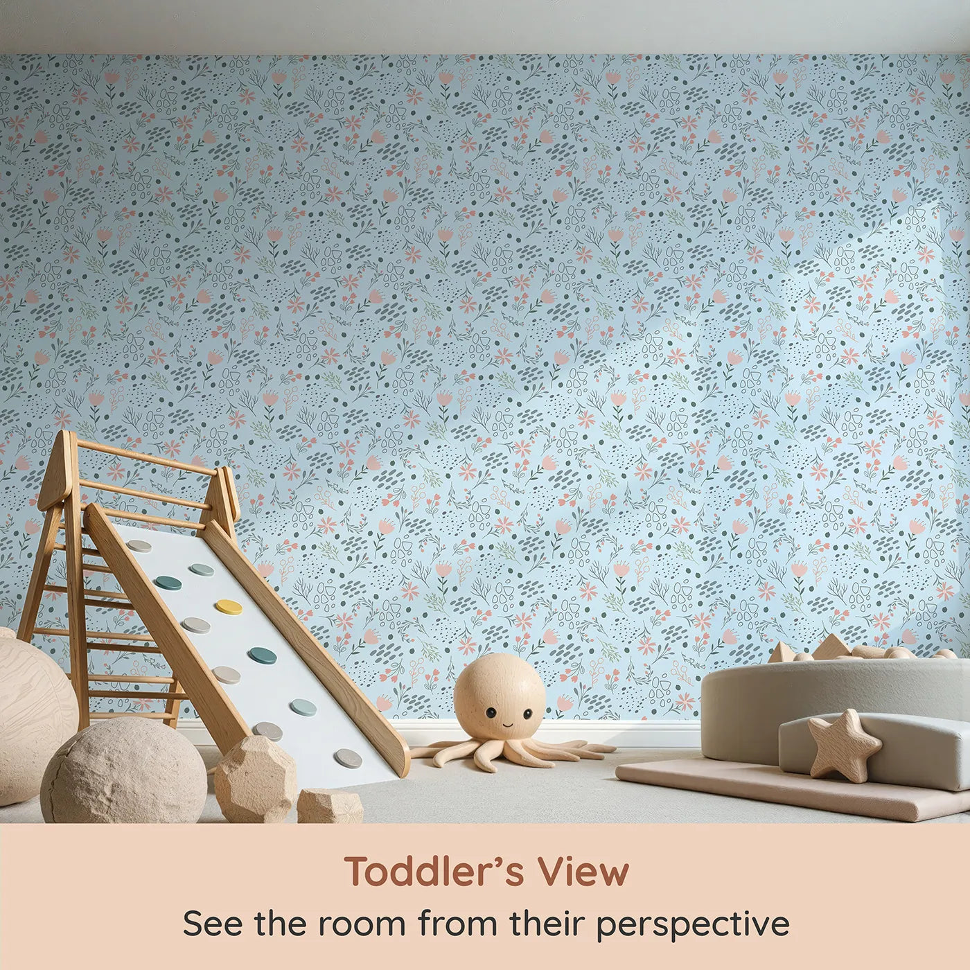 Whimsy Tots Wildflower Scribble Garden Wallpaper in Sky Sketch (W3137E) from your child's view.Soft flowers and whimsical lines float gently across a powder-blue dream.
