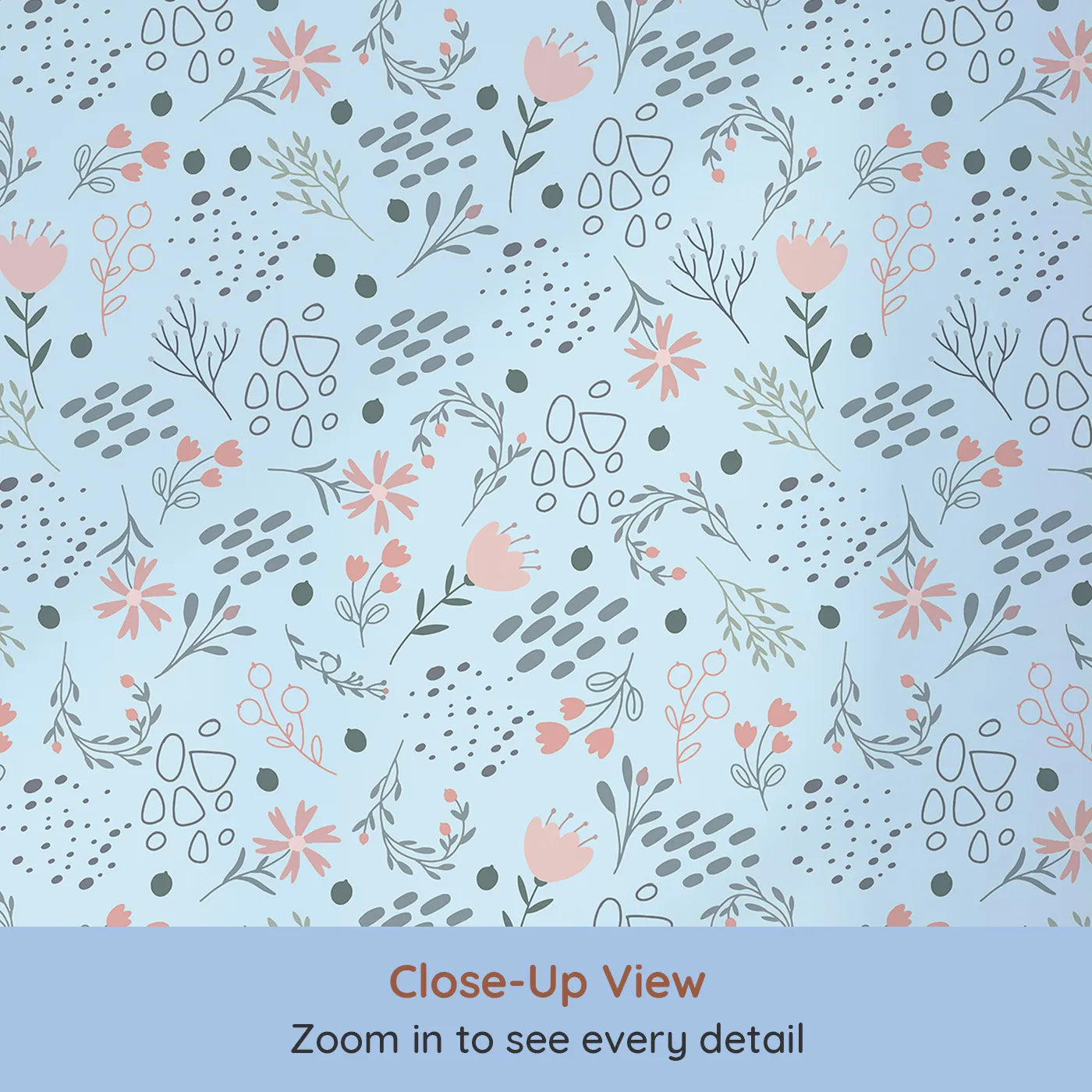 Close-up view of Whimsy Tots' Wildflower Scribble Garden Wallpaper in Sky Sketch (W3137E).Soft flowers and whimsical lines float gently across a powder-blue dream.