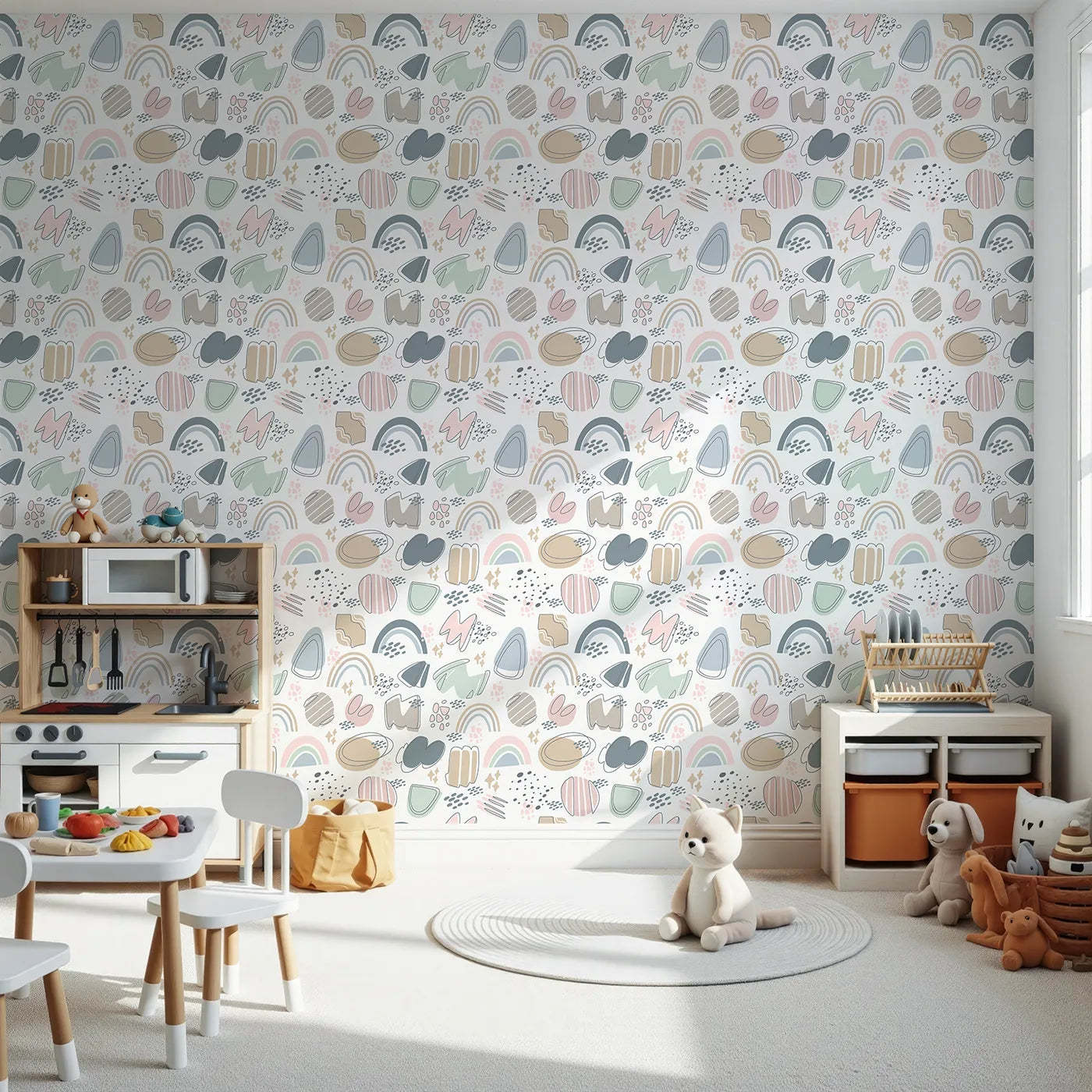 Front view of Whimsy Tots' Pastel Scribble Rainbow Wallpaper