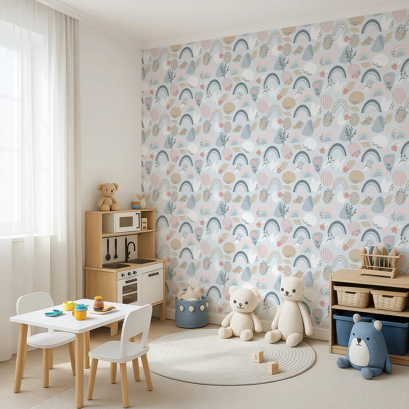 Angled view of Whimsy Tots' Pastel Bloom Rainbow Wallpaper in Sky Blue (W3139A).Rainbows and florals dance gently across a pastel-blue sky.