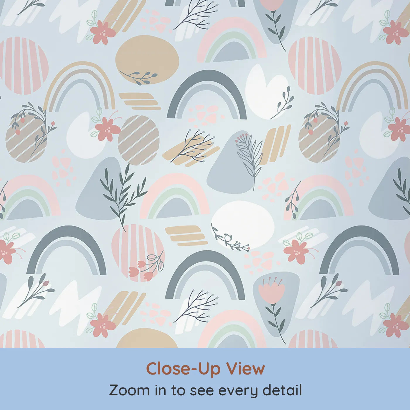 Close-up view of Whimsy Tots' Pastel Bloom Rainbow Wallpaper in Sky Blue (W3139A).Rainbows and florals dance gently across a pastel-blue sky.