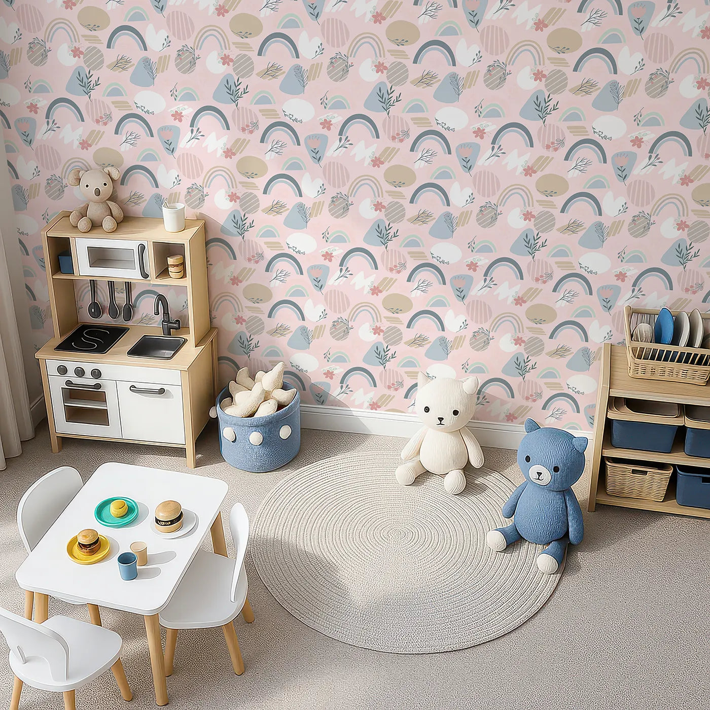 Top-Down view of Whimsy Tots' Pastel Bloom Rainbow Wallpaper in Blush Pink (W3139B).Soft florals and pastel arcs bloom sweetly across a rosy sky.
