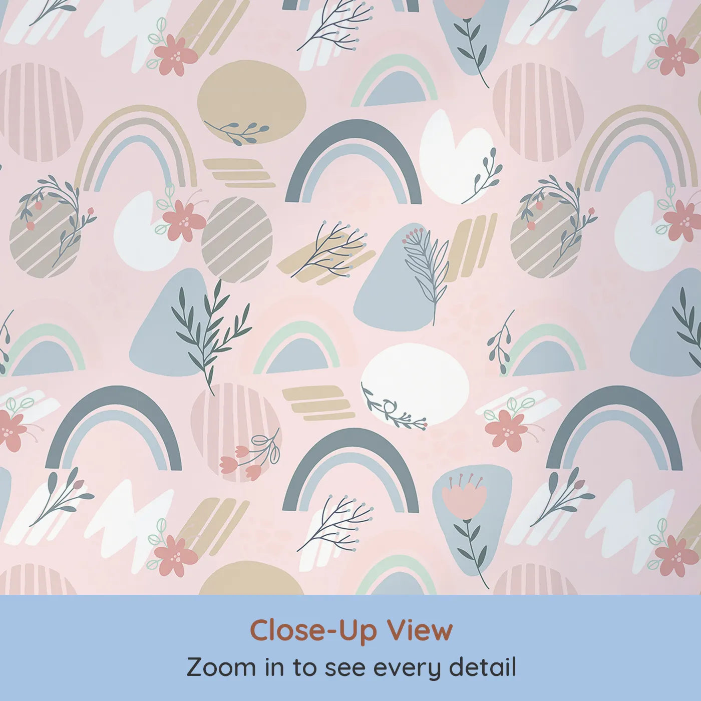Close-up view of Whimsy Tots' Pastel Bloom Rainbow Wallpaper in Blush Pink (W3139B).Soft florals and pastel arcs bloom sweetly across a rosy sky.