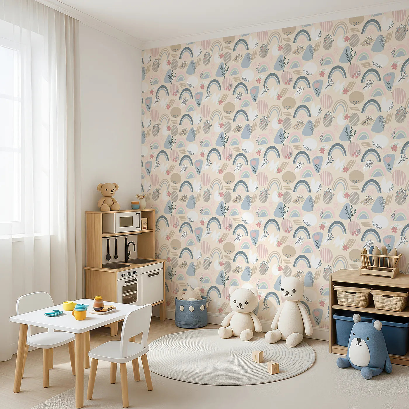 Angled view of Whimsy Tots' Pastel Bloom Rainbow Wallpaper in Cream (W3139C).Pastel rainbows and floral doodles brighten a cozy neutral garden.