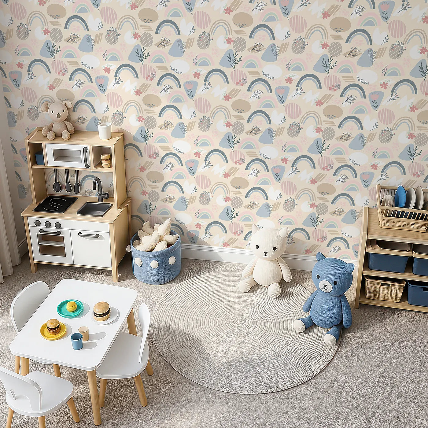 Top-Down view of Whimsy Tots' Pastel Bloom Rainbow Wallpaper in Cream (W3139C).Pastel rainbows and floral doodles brighten a cozy neutral garden.