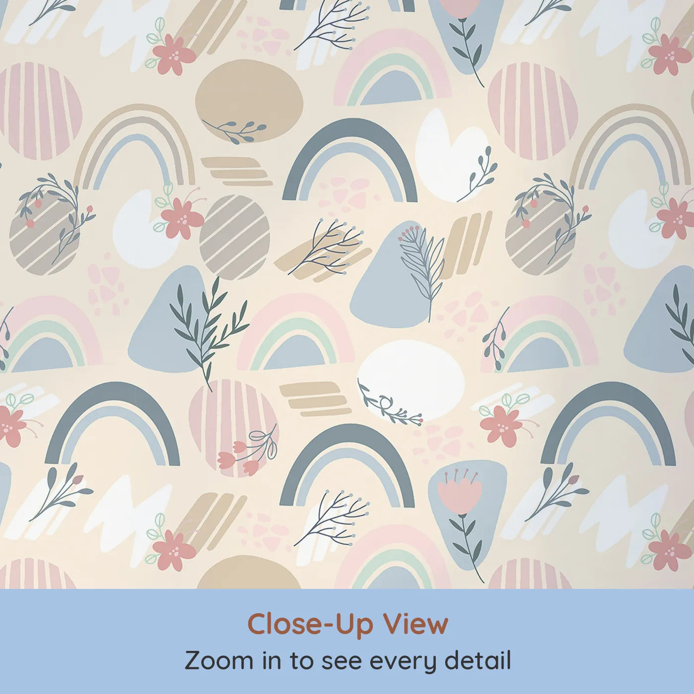 Close-up view of Whimsy Tots' Pastel Bloom Rainbow Wallpaper in Cream (W3139C).Pastel rainbows and floral doodles brighten a cozy neutral garden.