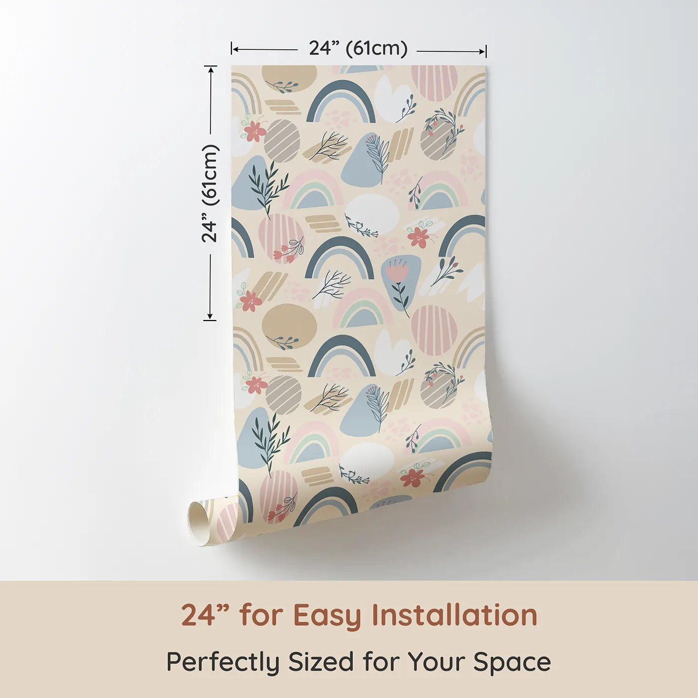 Dimension view of Whimsy Tots Pastel Bloom Rainbow Wallpaper in Cream (W3139C). Printed in 24-inch-wide panel for easy installation. Pastel rainbows and floral doodles brighten a cozy neutral garden.