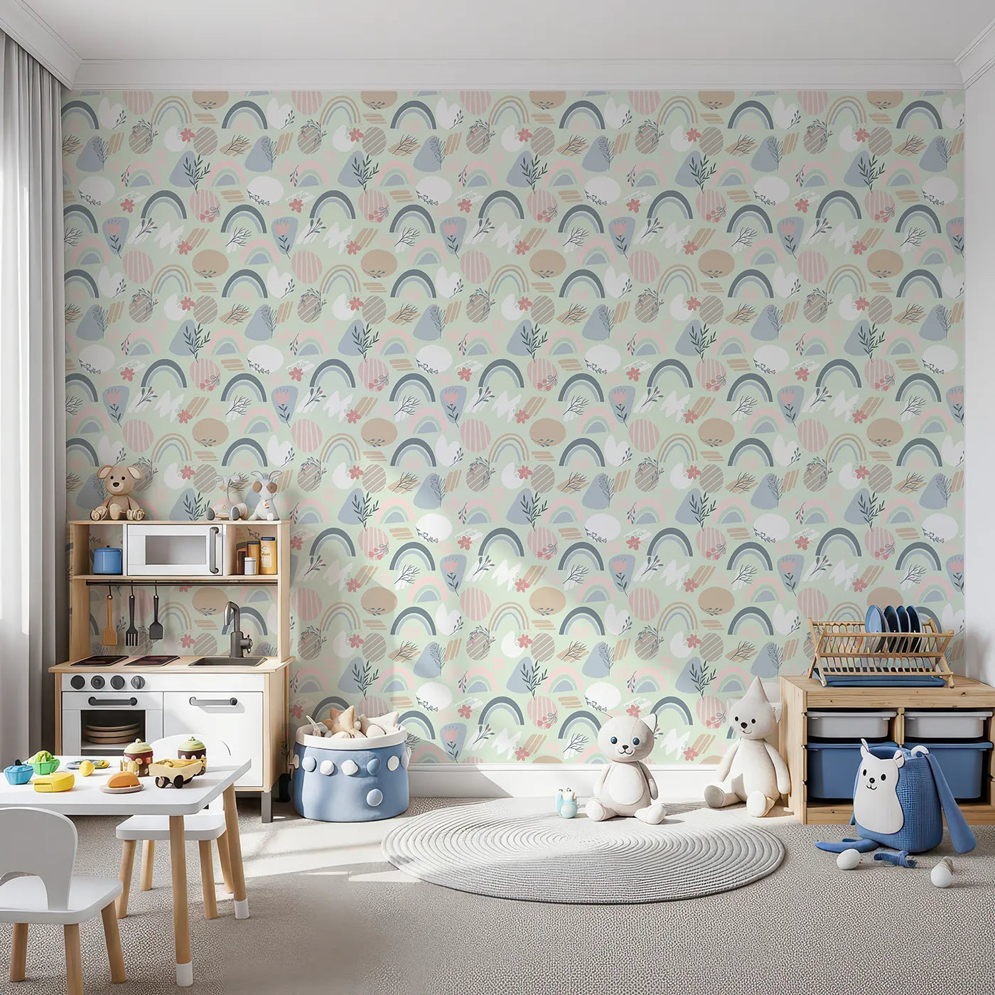 Front view of Whimsy Tots' Pastel Bloom Rainbow Wallpaper in Mint Green