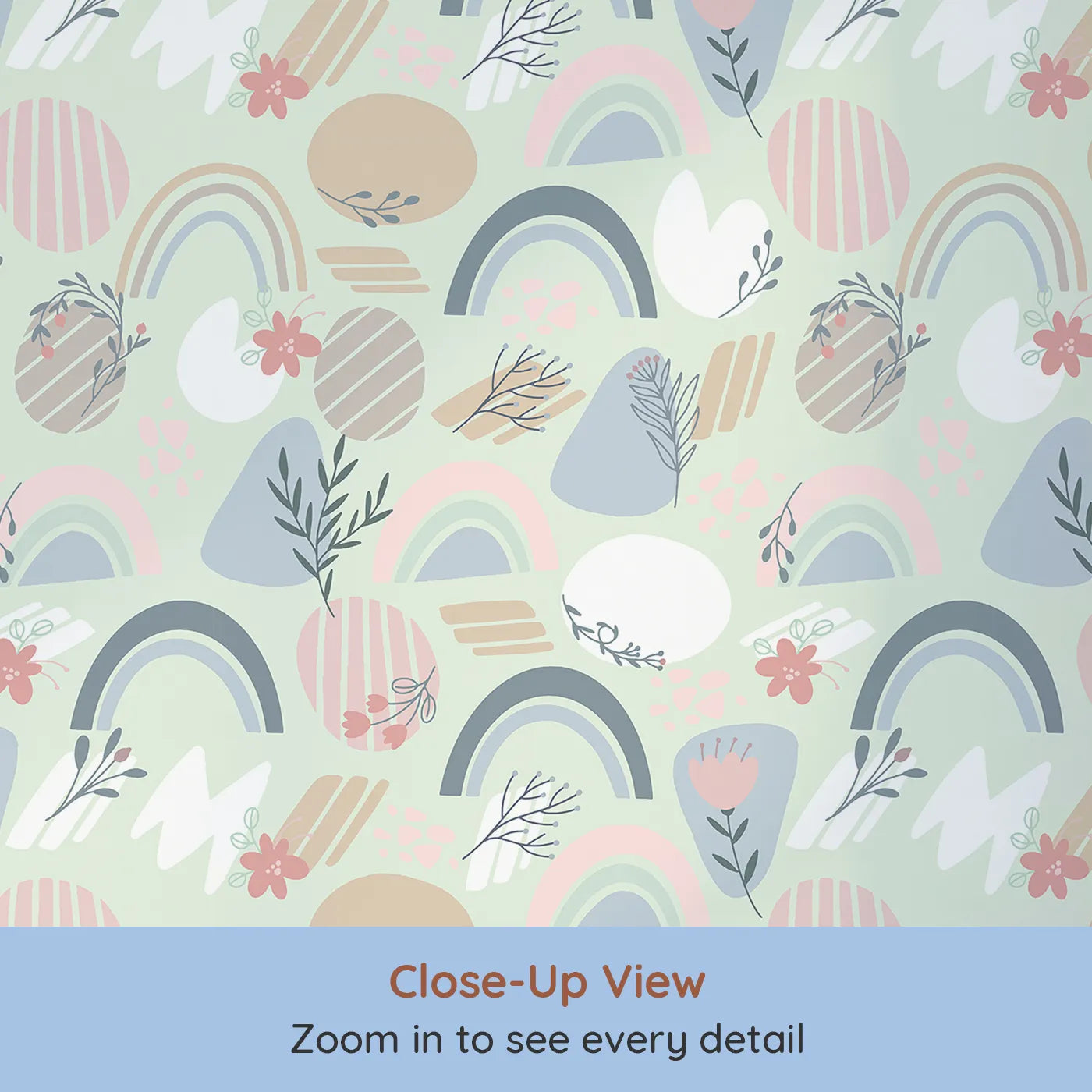 Close-up view of Whimsy Tots' Pastel Bloom Rainbow Wallpaper in Mint Green (W3139D).Whimsical florals and pastel arcs bloom softly over a minty green sky.