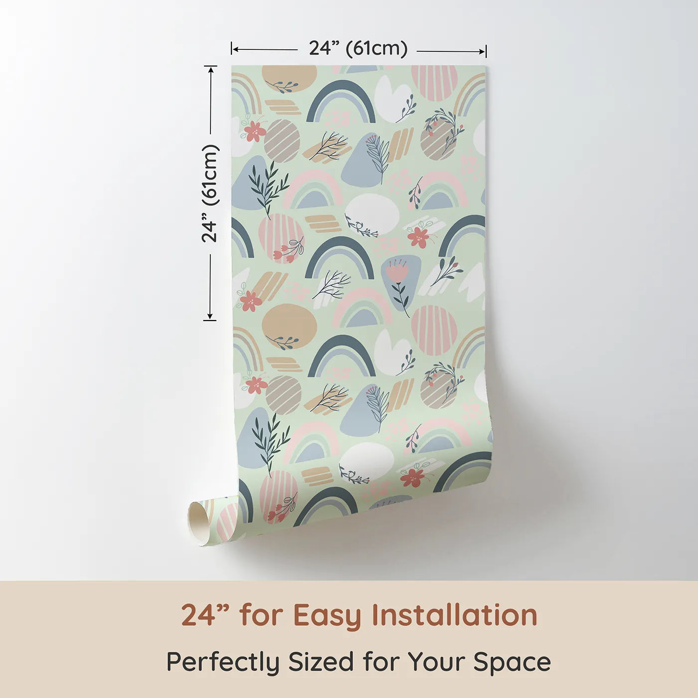 Dimension view of Whimsy Tots Pastel Bloom Rainbow Wallpaper in Mint Green (W3139D). Printed in 24-inch-wide panel for easy installation. Whimsical florals and pastel arcs bloom softly over a minty green sky.