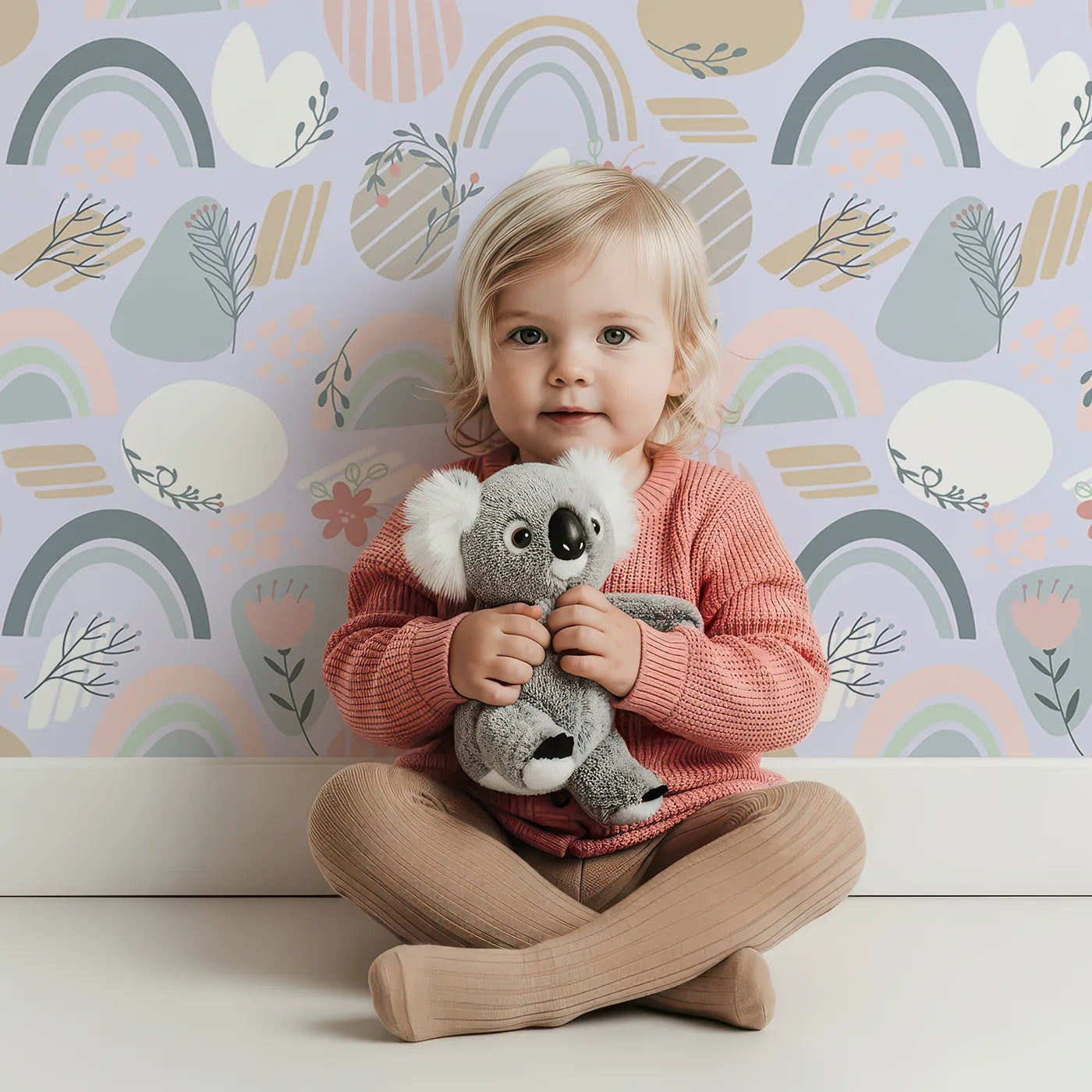Lovely child standing in front of Whimsy Tots Pastel Bloom Rainbow Wallpaper in Lavender with rainbow, flower, arc, leaf, petal in design.