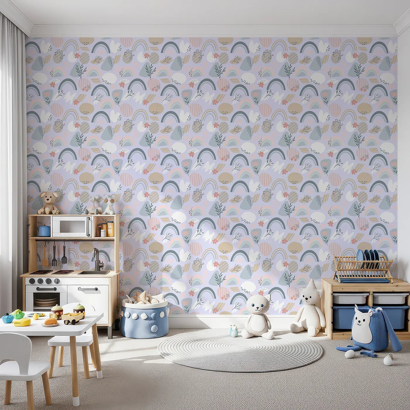 Front view of Whimsy Tots' Pastel Bloom Rainbow Wallpaper in Lavender