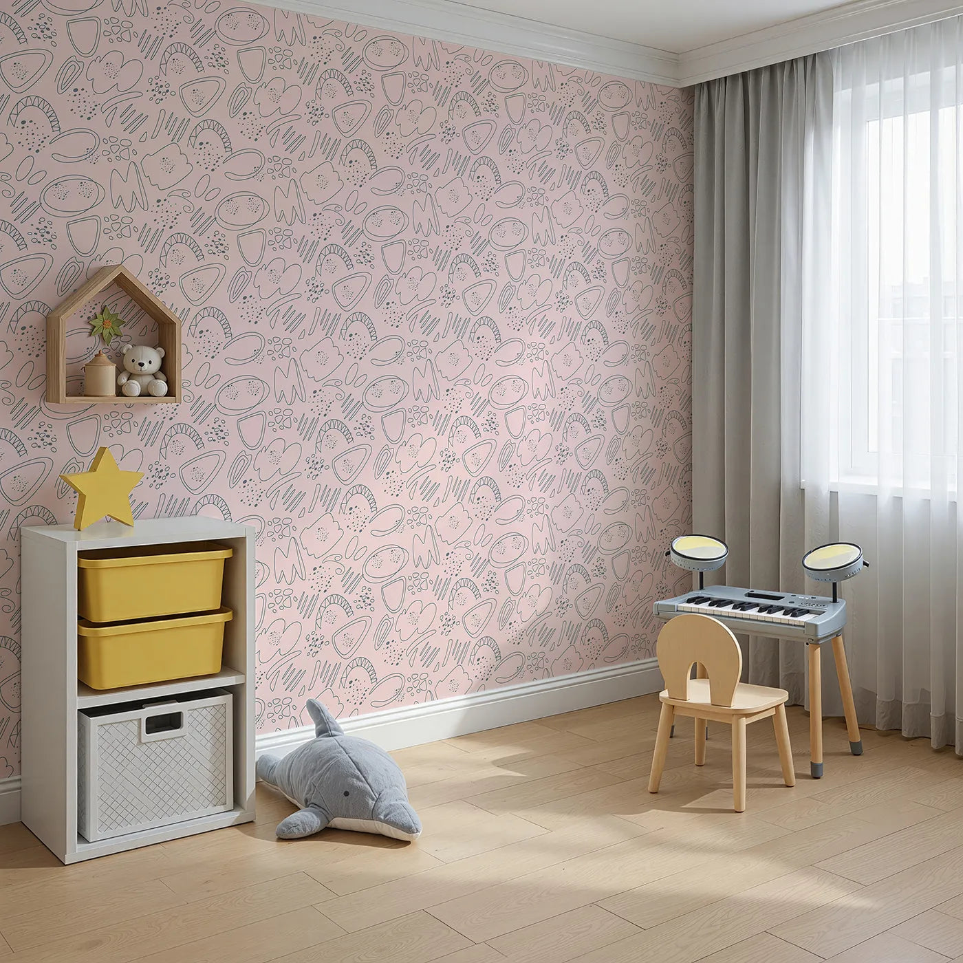 Angled view of Whimsy Tots' Doodle Meadow Shapes Wallpaper in Blush Pink (W3140A).Soft sketchy blooms and playful lines drift through a blush daydream.