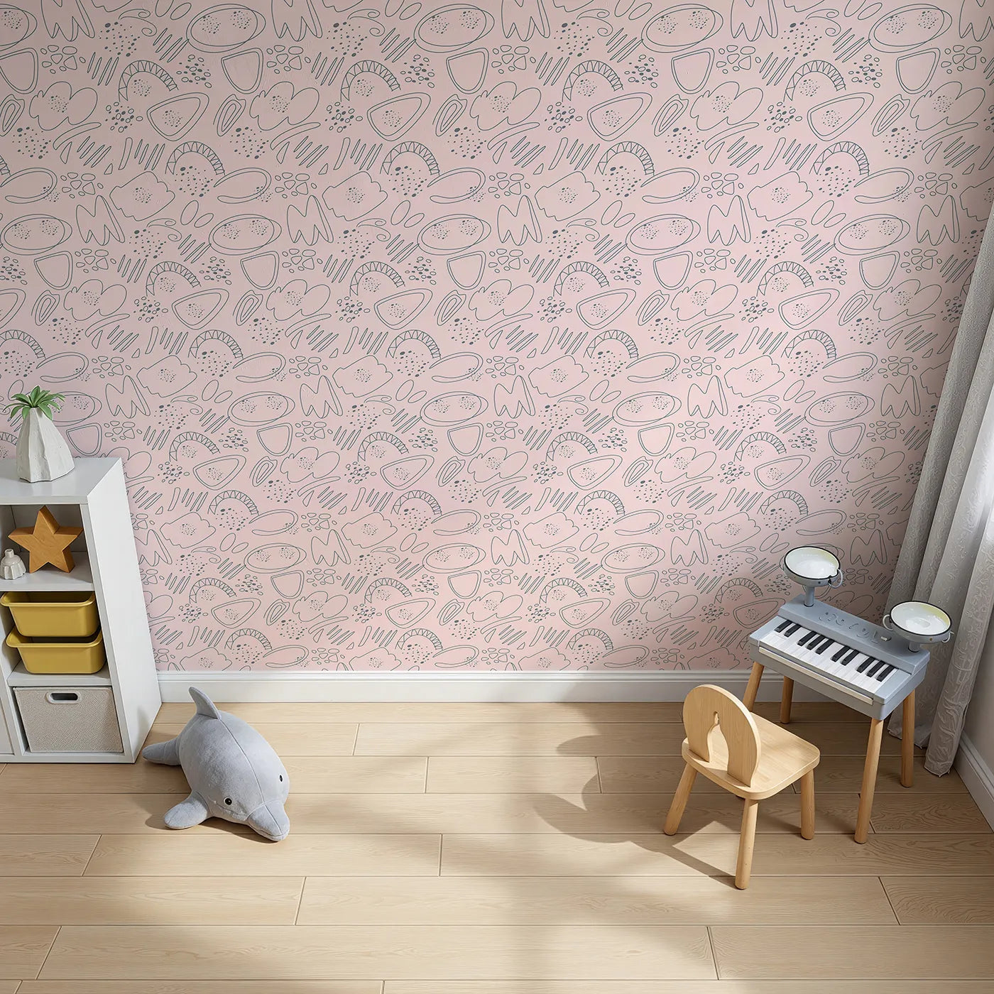 Top-Down view of Whimsy Tots' Doodle Meadow Shapes Wallpaper in Blush Pink (W3140A).Soft sketchy blooms and playful lines drift through a blush daydream.