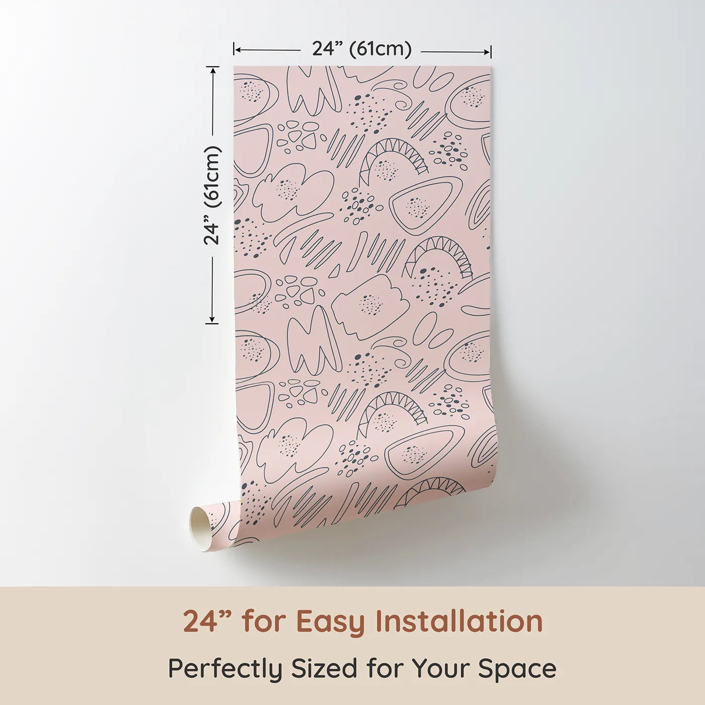 Dimension view of Whimsy Tots Doodle Meadow Shapes Wallpaper in Blush Pink (W3140A). Printed in 24-inch-wide panel for easy installation. Soft sketchy blooms and playful lines drift through a blush daydream.