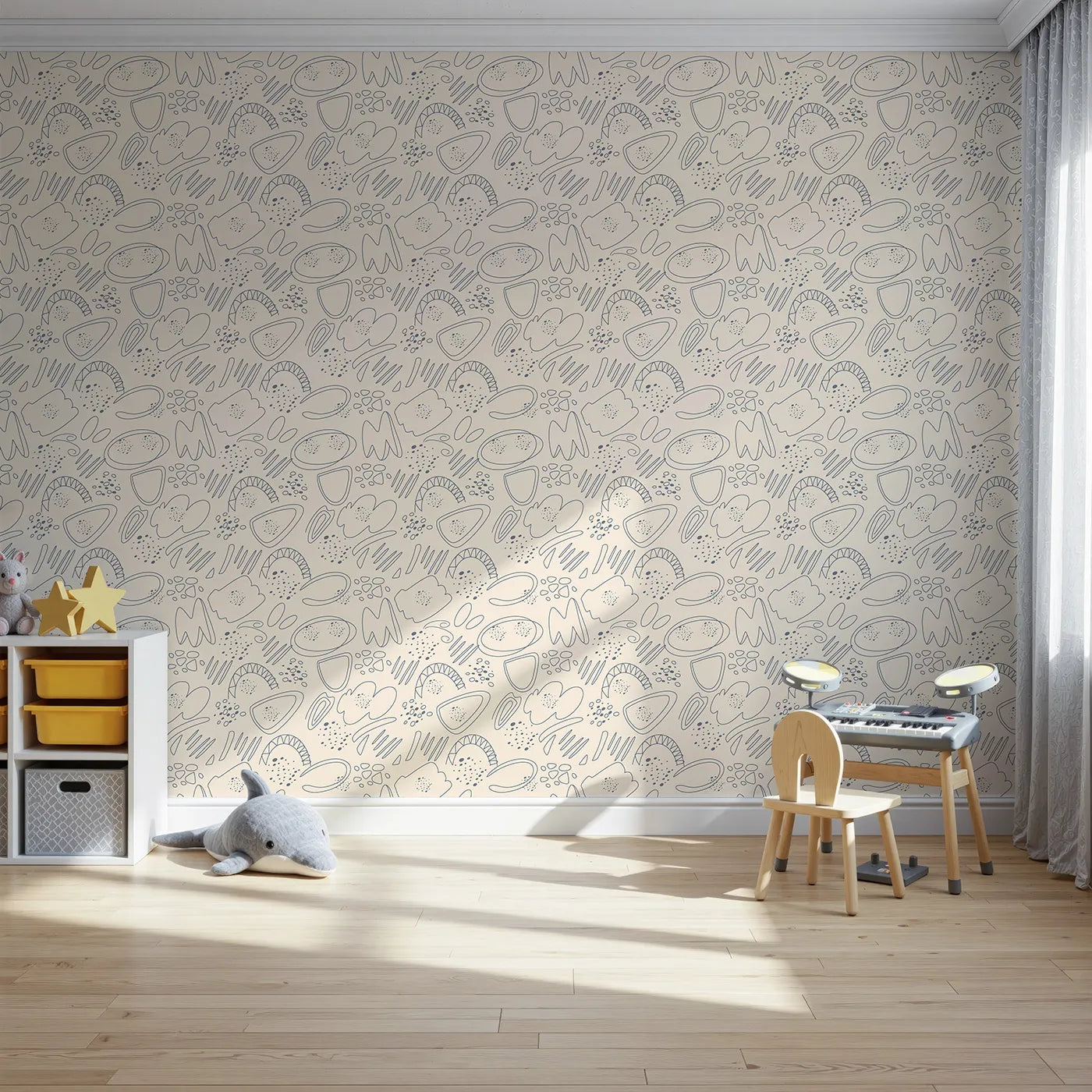 Front view of Whimsy Tots' Doodle Meadow Shapes Wallpaper in Cream
