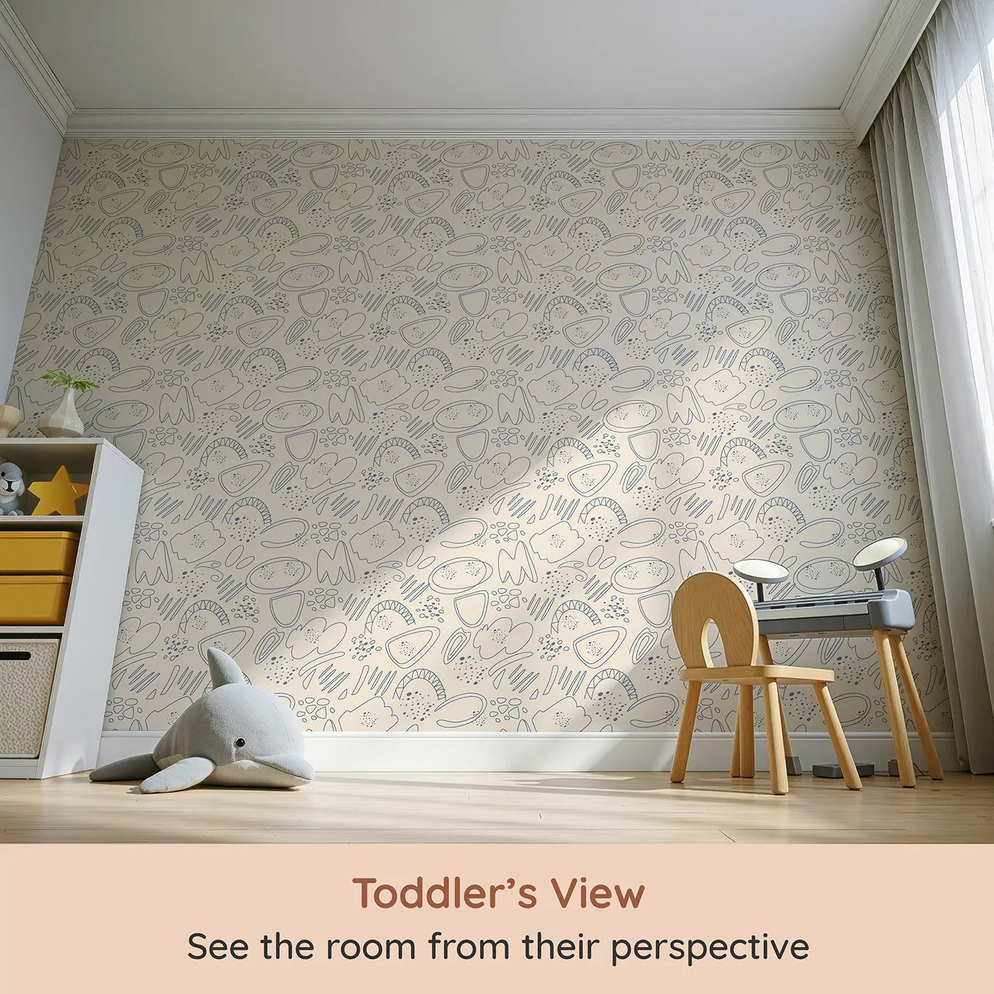 Whimsy Tots Doodle Meadow Shapes Wallpaper in Cream (W3140B) from your child's view.Soft lines and airy shapes dance across a creamy canvas.