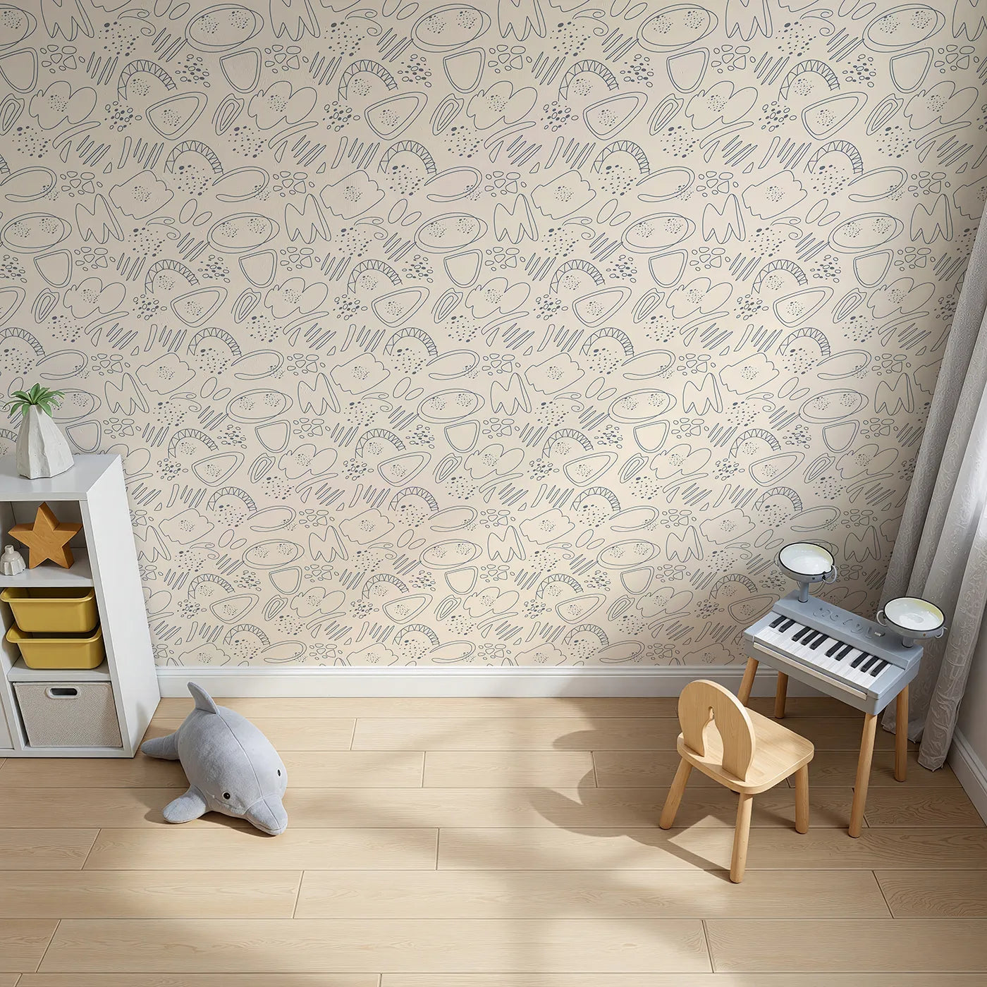 Top-Down view of Whimsy Tots' Doodle Meadow Shapes Wallpaper in Cream (W3140B).Soft lines and airy shapes dance across a creamy canvas.