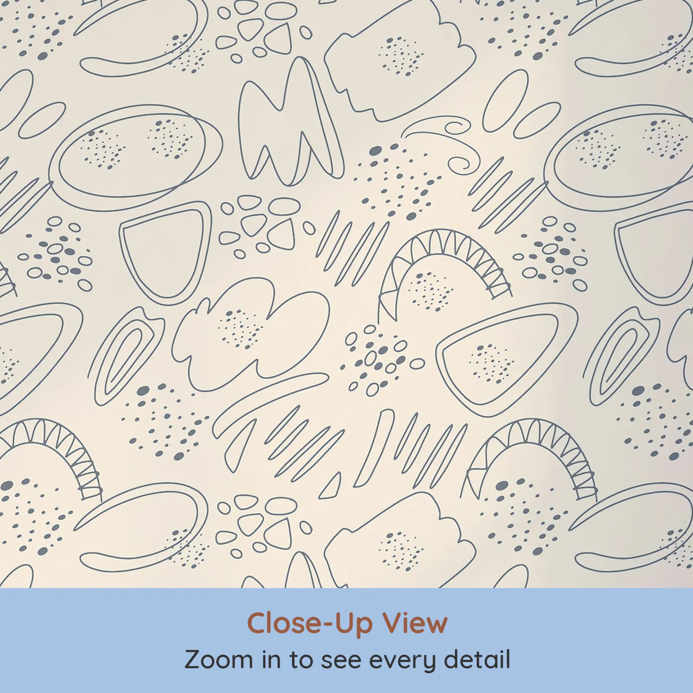 Close-up view of Whimsy Tots' Doodle Meadow Shapes Wallpaper in Cream (W3140B).Soft lines and airy shapes dance across a creamy canvas.