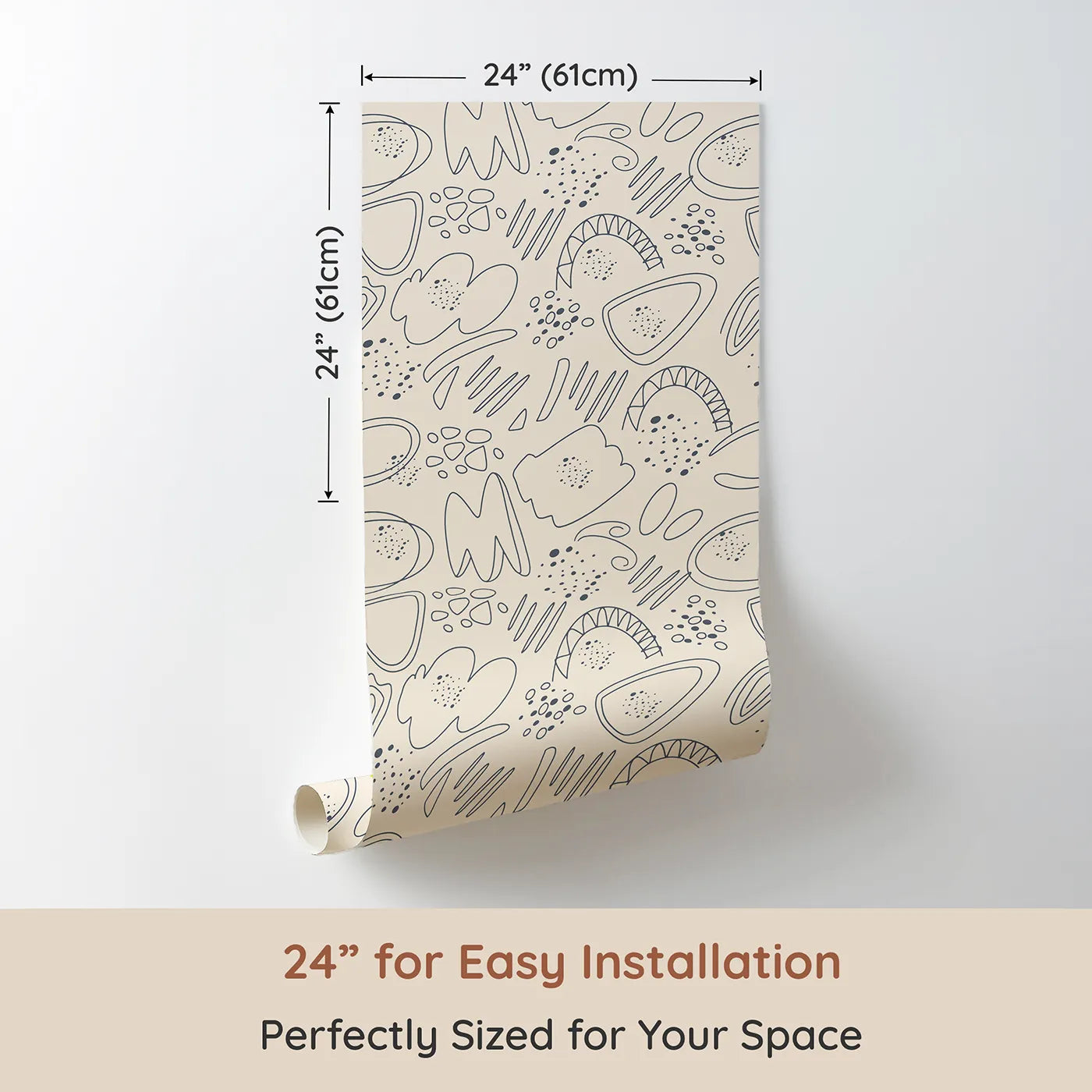 Dimension view of Whimsy Tots Doodle Meadow Shapes Wallpaper in Cream (W3140B). Printed in 24-inch-wide panel for easy installation. Soft lines and airy shapes dance across a creamy canvas.