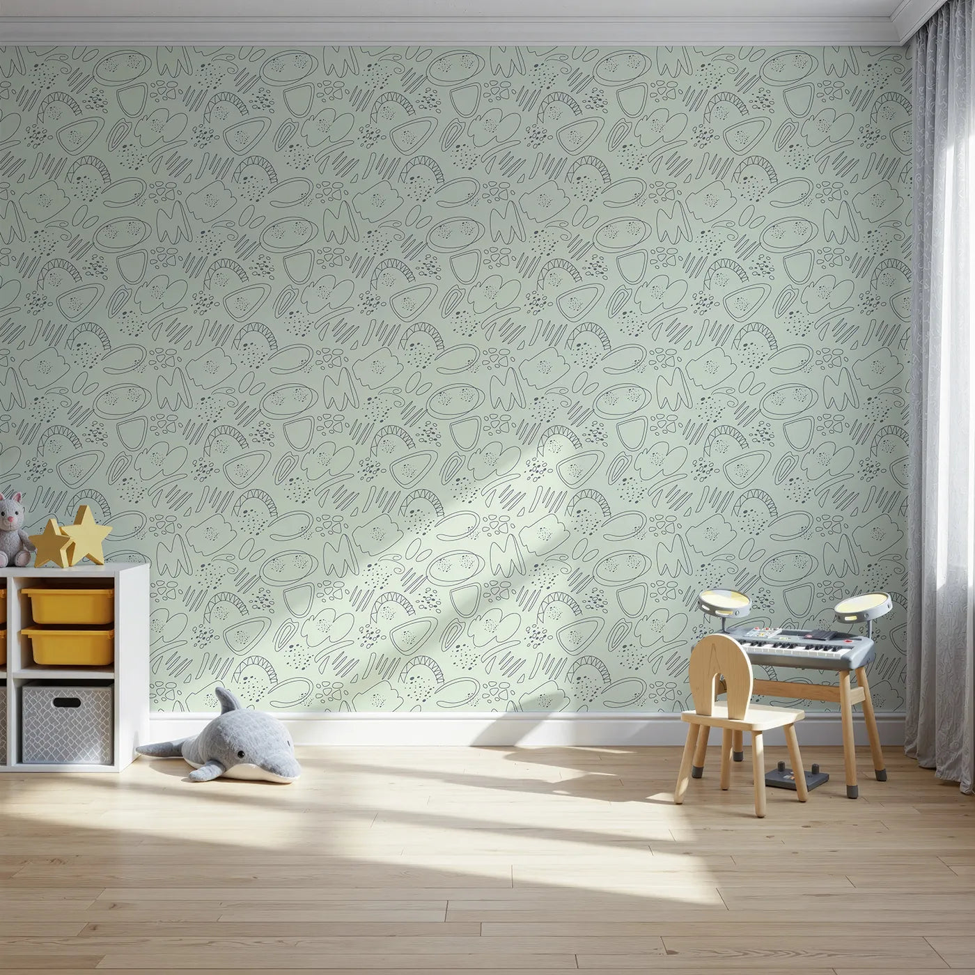 Front view of Whimsy Tots' Doodle Meadow Shapes Wallpaper in Mint Green