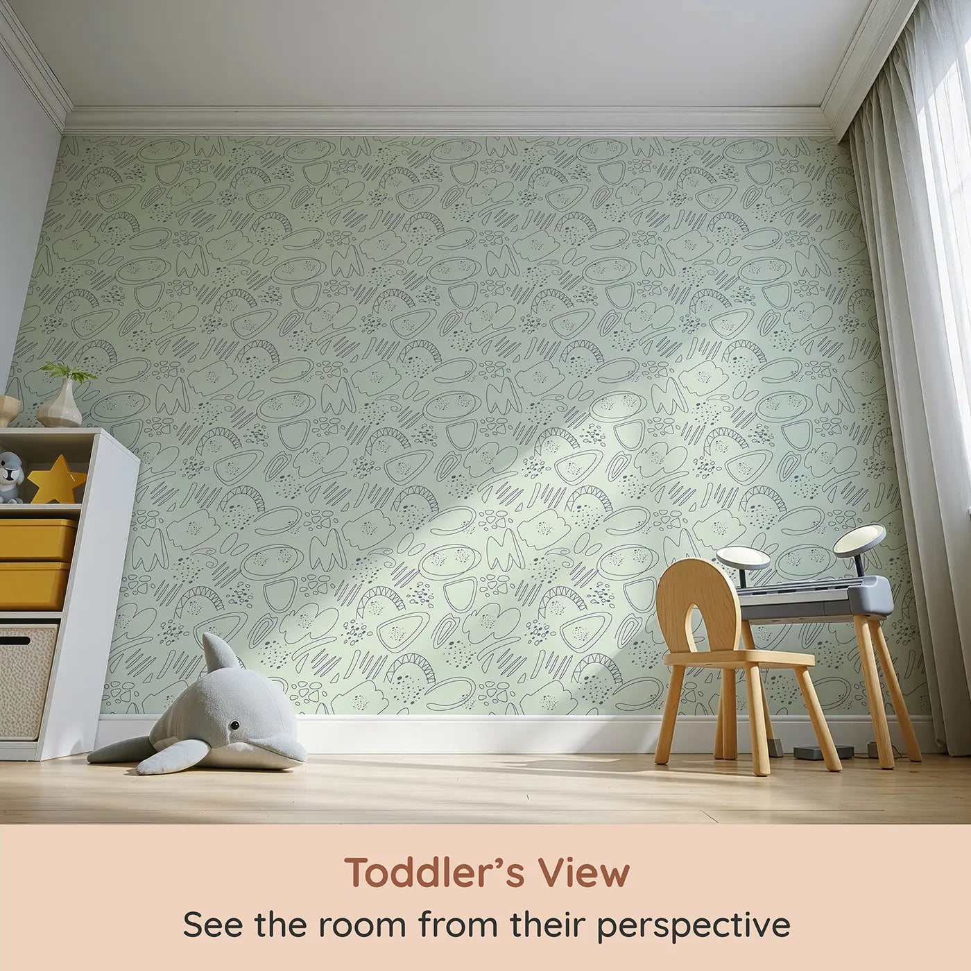 Whimsy Tots Doodle Meadow Shapes Wallpaper in Mint Green (W3140C) from your child's view.Abstract scribbles float playfully across a soft mint green sky.