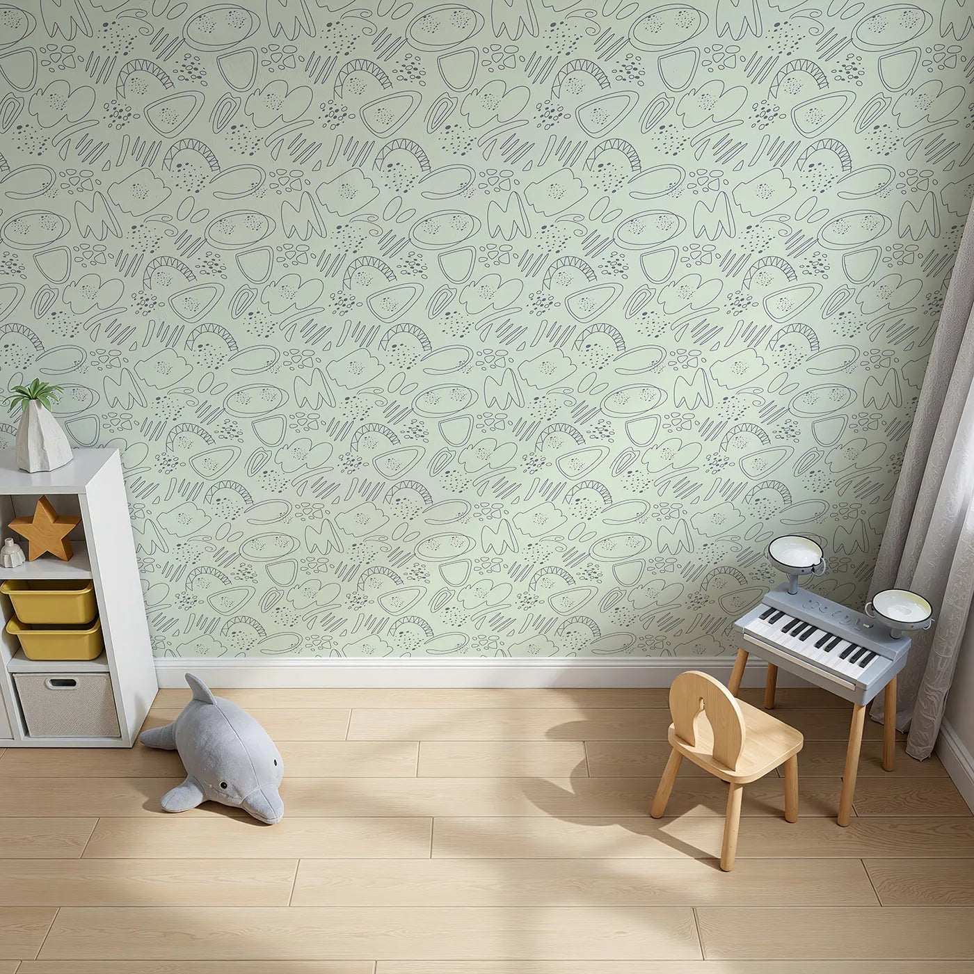 Top-Down view of Whimsy Tots' Doodle Meadow Shapes Wallpaper in Mint Green (W3140C).Abstract scribbles float playfully across a soft mint green sky.