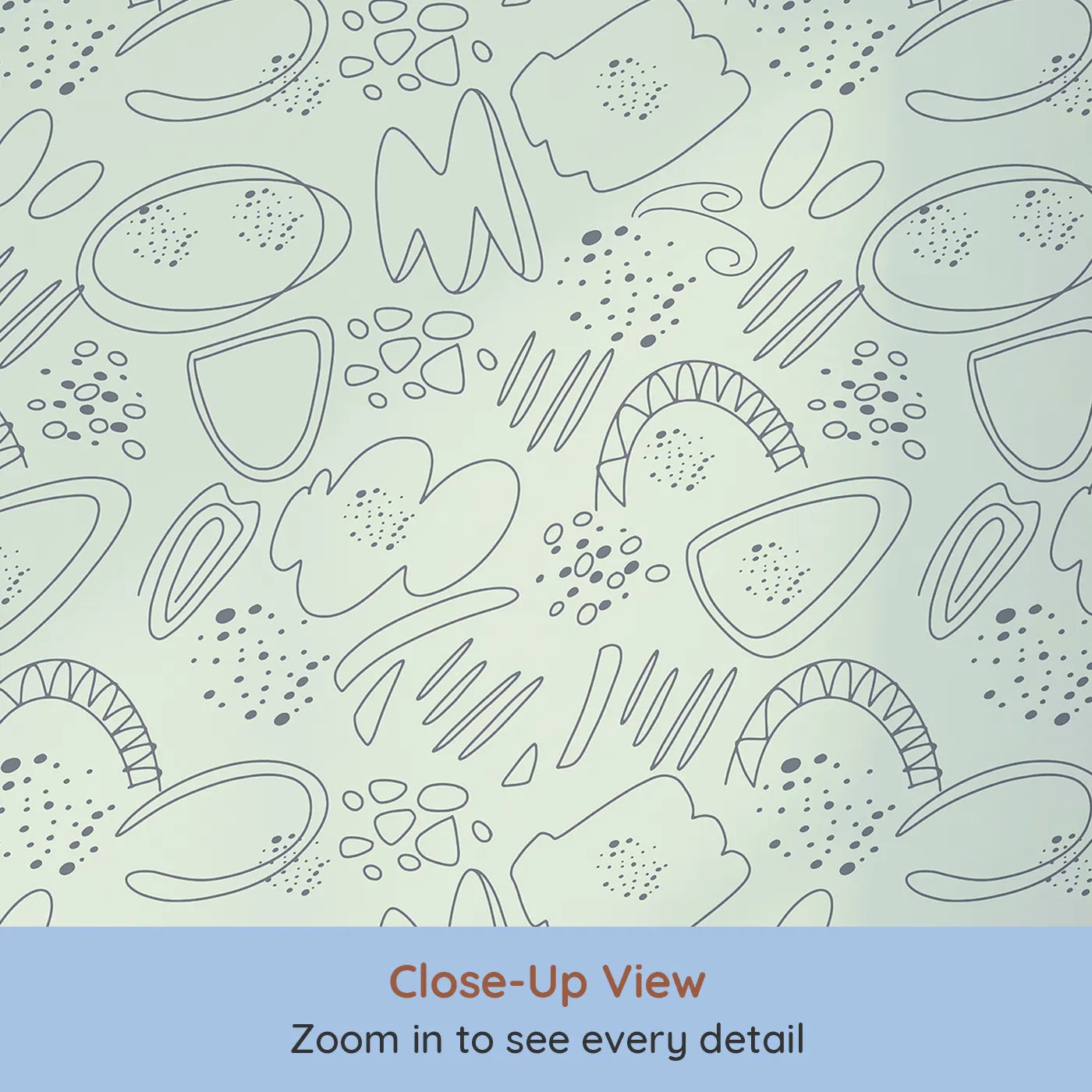 Close-up view of Whimsy Tots' Doodle Meadow Shapes Wallpaper in Mint Green (W3140C).Abstract scribbles float playfully across a soft mint green sky.
