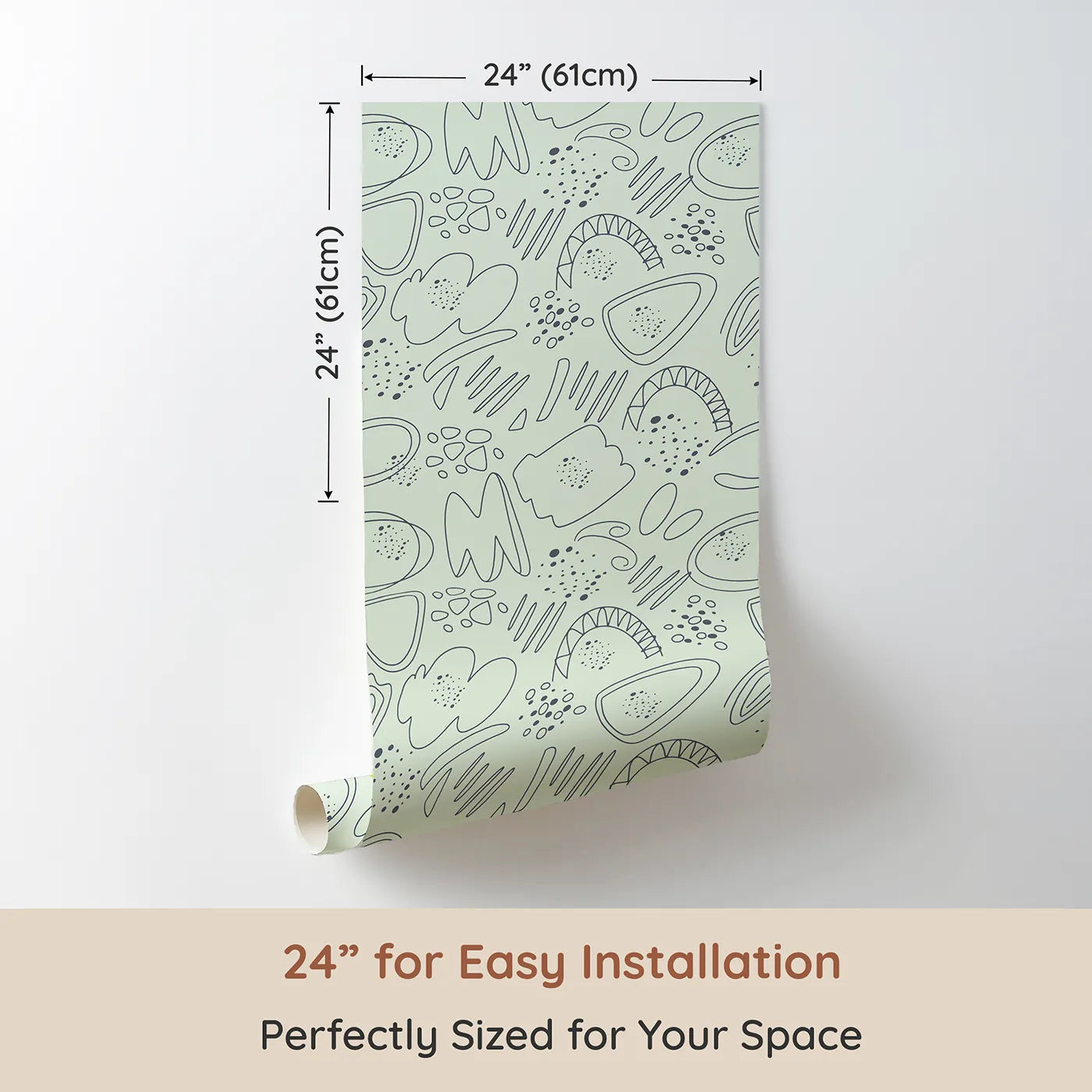 Dimension view of Whimsy Tots Doodle Meadow Shapes Wallpaper in Mint Green (W3140C). Printed in 24-inch-wide panel for easy installation. Abstract scribbles float playfully across a soft mint green sky.