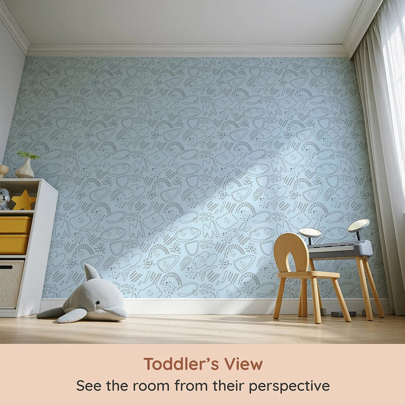 Whimsy Tots Doodle Meadow Shapes Wallpaper in Sky (W3140D) from your child's view.Airy shapes and dots float across a calm powder-blue space.