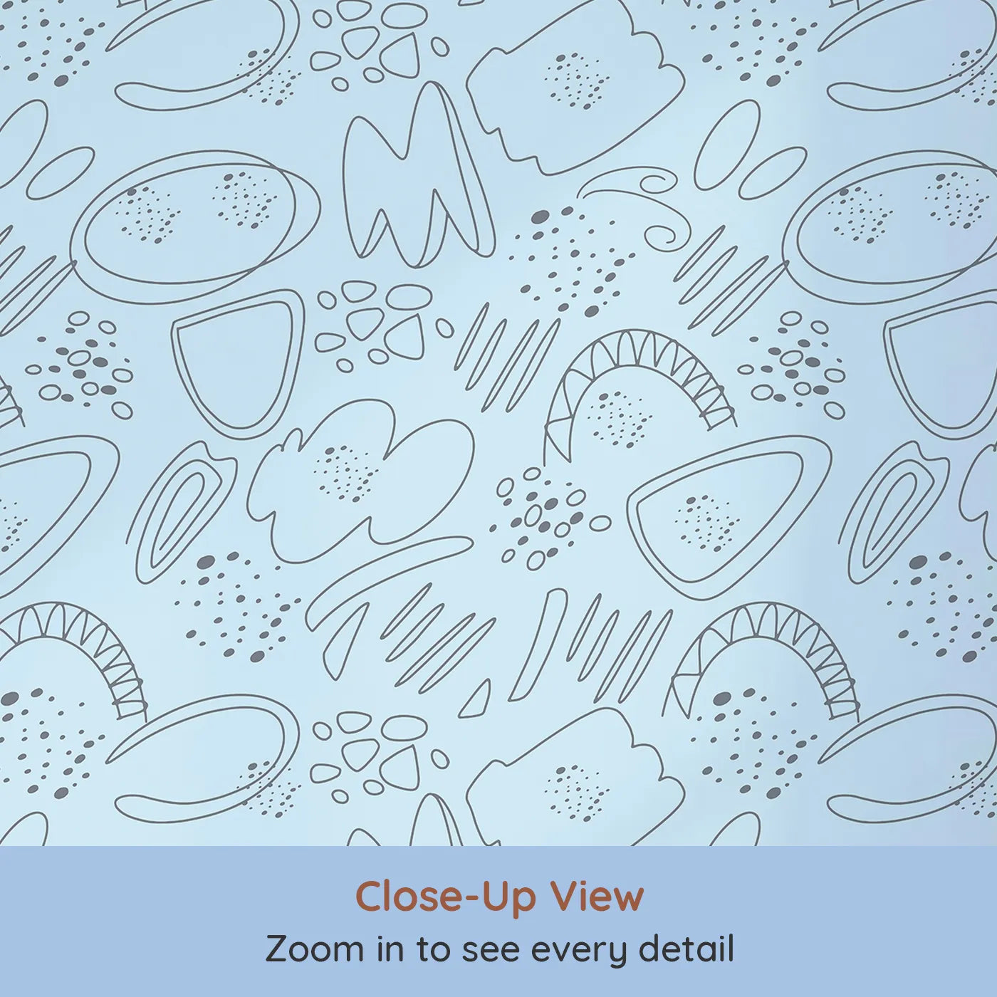 Close-up view of Whimsy Tots' Doodle Meadow Shapes Wallpaper in Sky (W3140D).Airy shapes and dots float across a calm powder-blue space.