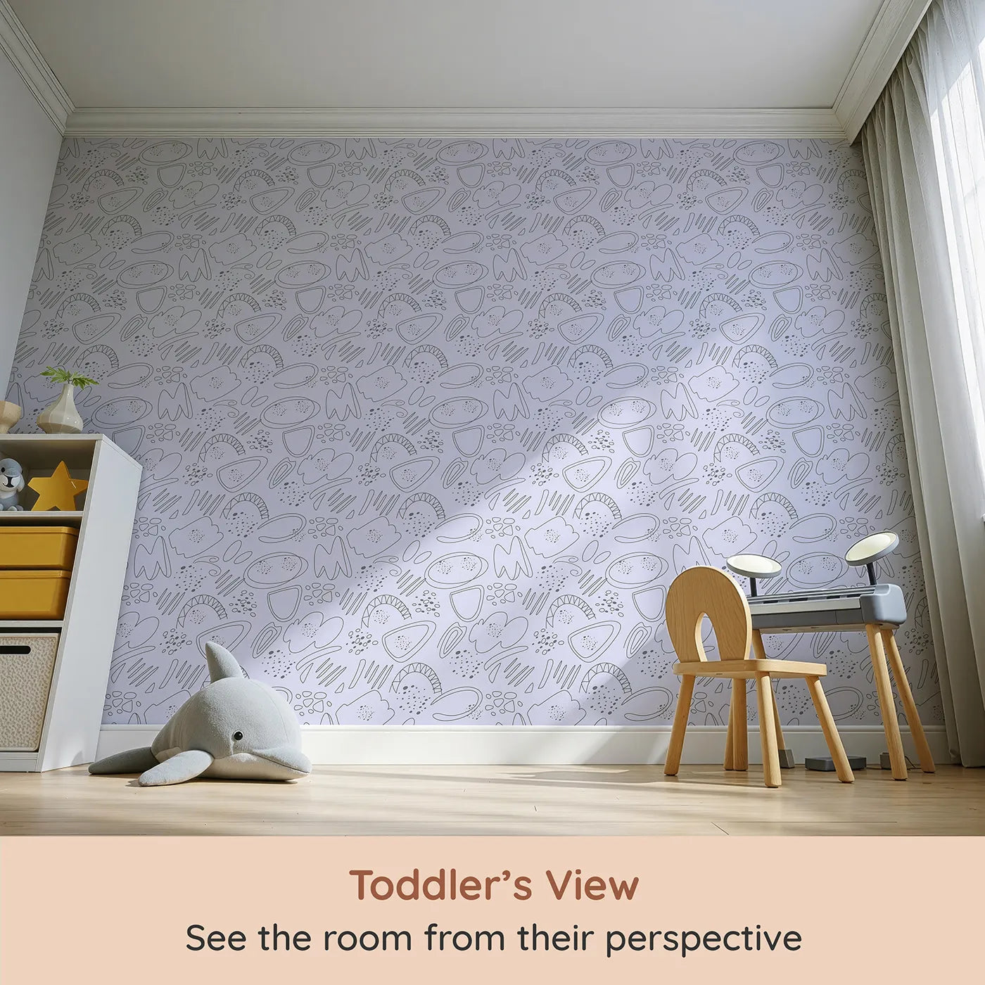 Whimsy Tots Doodle Meadow Shapes Wallpaper in Lavender (W3140E) from your child's view.Abstract scribbles and dreamy petals float through a purple hush.