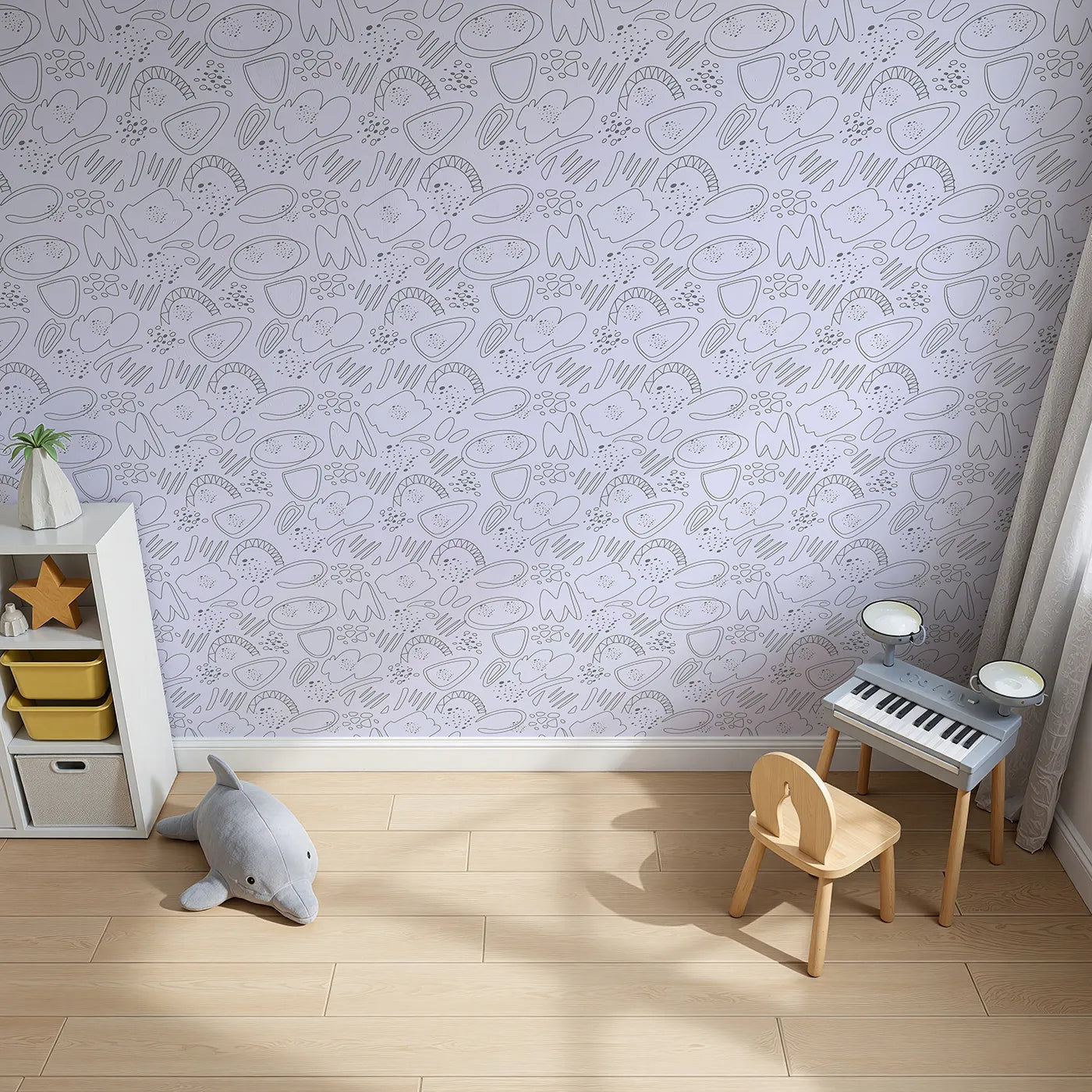 Top-Down view of Whimsy Tots' Doodle Meadow Shapes Wallpaper in Lavender (W3140E).Abstract scribbles and dreamy petals float through a purple hush.