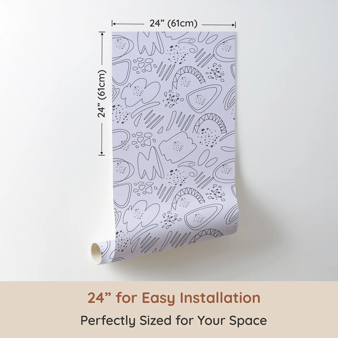 Dimension view of Whimsy Tots Doodle Meadow Shapes Wallpaper in Lavender (W3140E). Printed in 24-inch-wide panel for easy installation. Abstract scribbles and dreamy petals float through a purple hush.