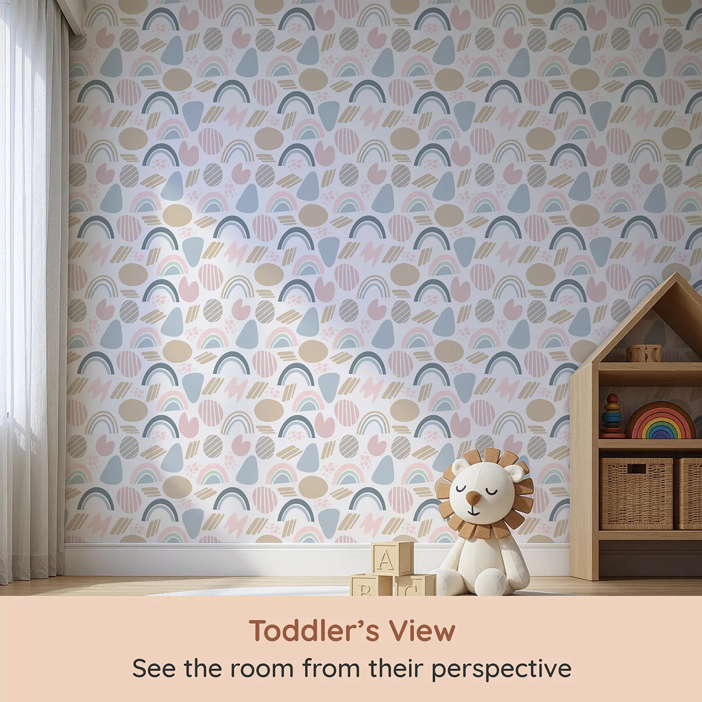 Whimsy Tots Rainbow Petal Shapes Wallpaper in White (W3141A) from your child's view.Gentle pastel shapes and rainbows create a playful modern story.
