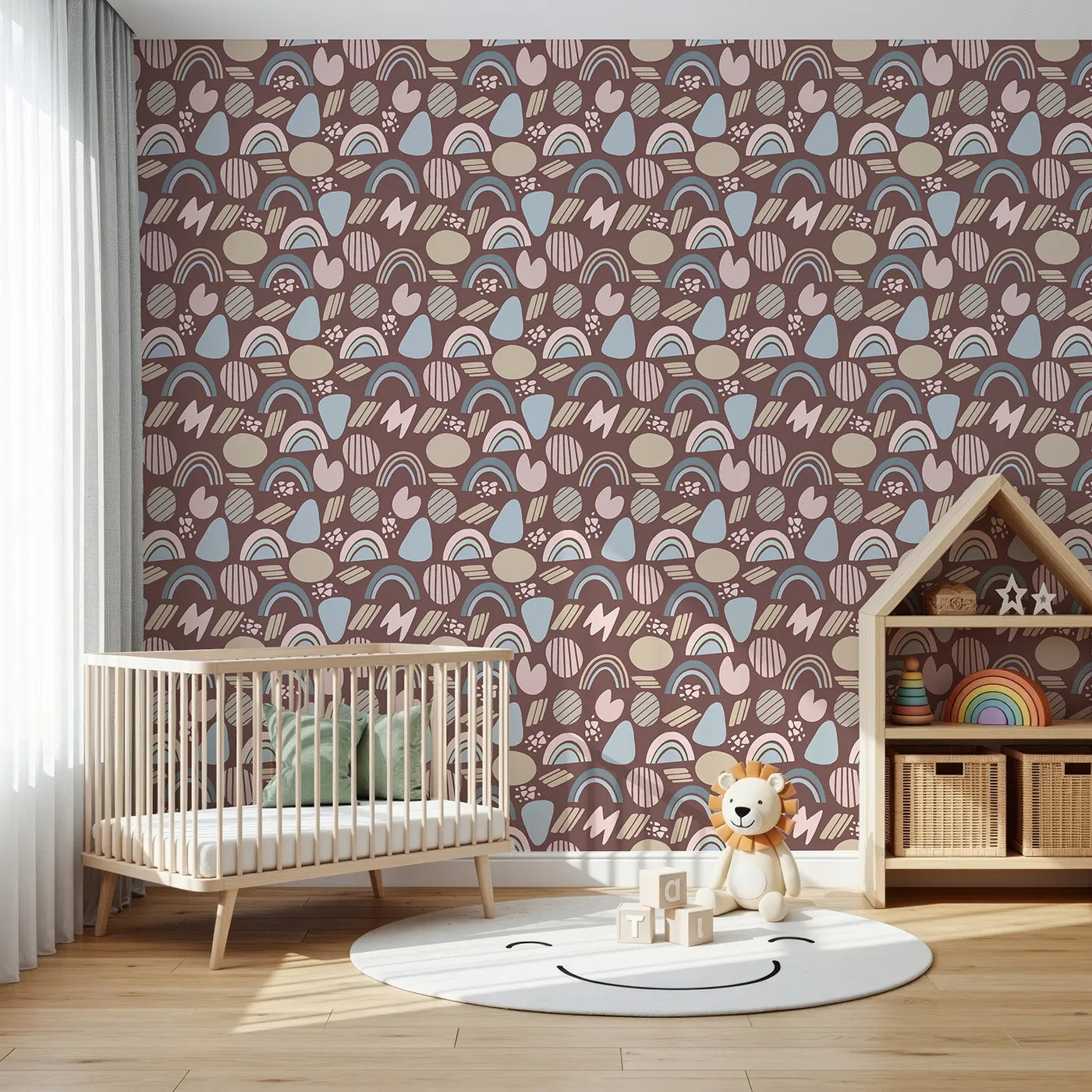 Front view of Whimsy Tots' Rainbow Petal Shapes Wallpaper in Cocoa Brown