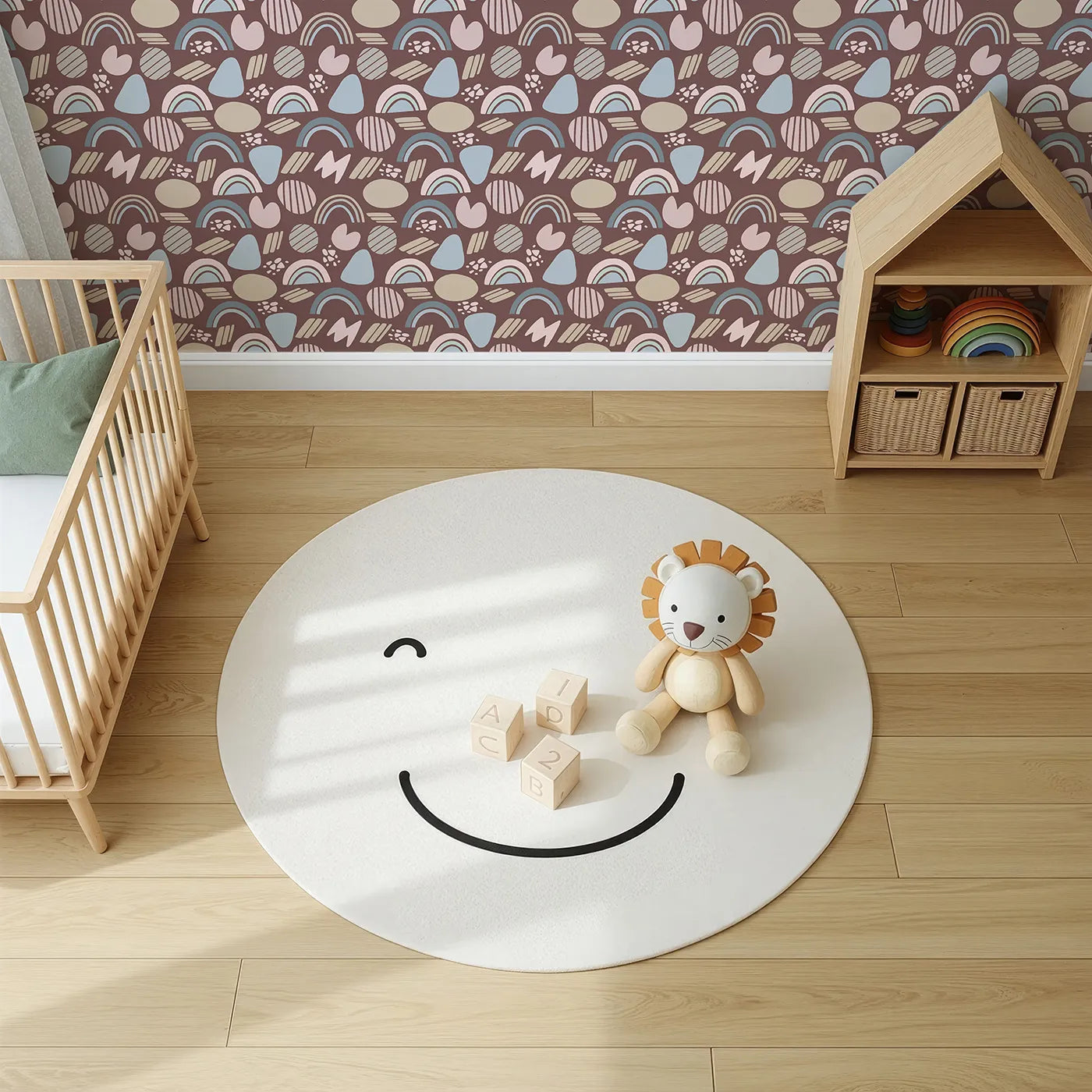 Top-Down view of Whimsy Tots' Rainbow Petal Shapes Wallpaper in Cocoa Brown (W3141B).Pastel shapes pop gently against a rich cocoa backdrop.